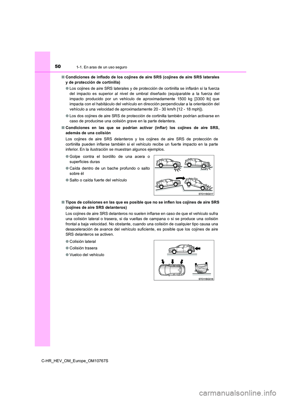 TOYOTA C-HR 2023  Manual del propietario (in Spanish) 501-1. En aras de un uso seguro
C-HR_HEV_OM_Europe_OM10767S 
■ Condiciones de inflado de los cojines de aire SRS (cojines de aire SRS laterales 
y de protección de cortinilla) 
● Los cojines de a