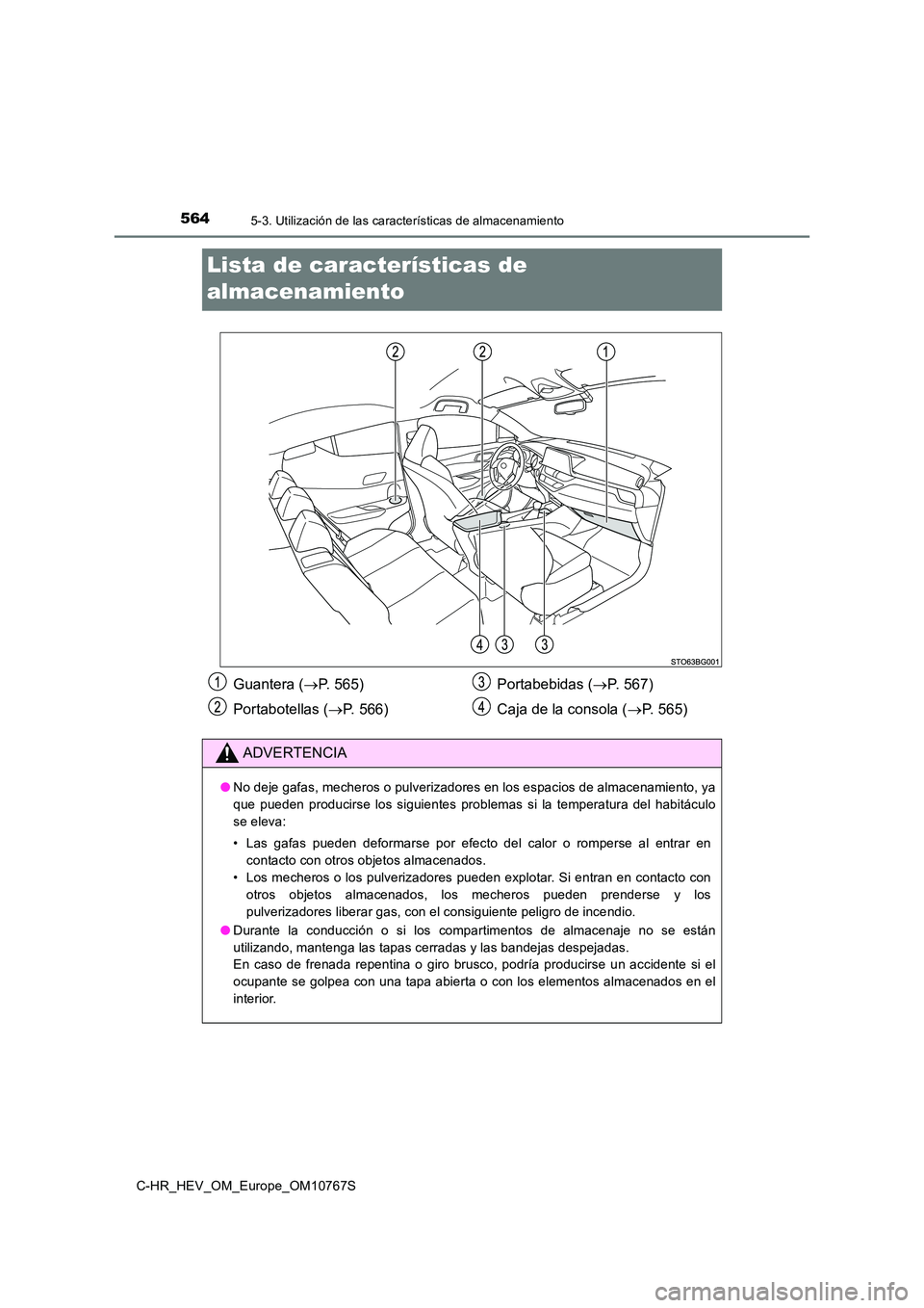TOYOTA C-HR 2023  Manual del propietario (in Spanish) 5645-3. Utilización de las características de almacenamiento
C-HR_HEV_OM_Europe_OM10767S
Lista de características de  
almacenamiento
Guantera ( P. 565) 
Portabotellas ( P. 566) 
Portabebidas