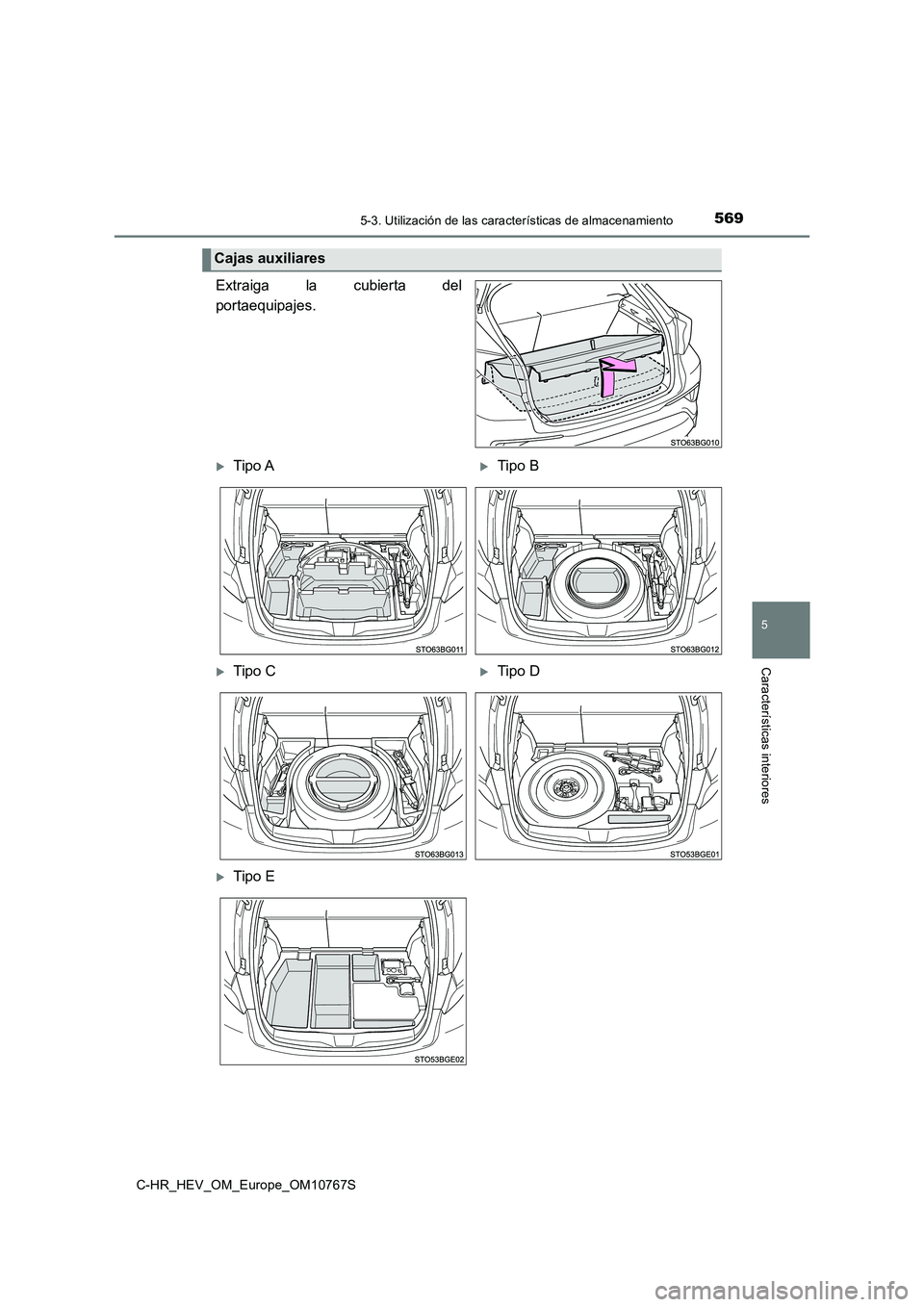TOYOTA C-HR 2023  Manual del propietario (in Spanish) 5695-3. Utilización de las características de almacenamiento
C-HR_HEV_OM_Europe_OM10767S
5
Características interiores
Extraiga  la  cubierta  del 
portaequipajes.
Cajas auxiliares
Tipo ATipo 