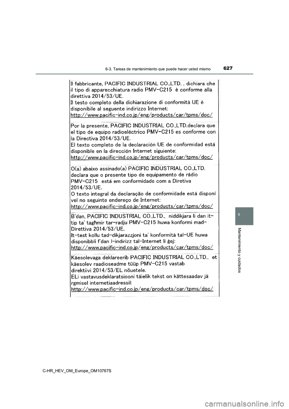 TOYOTA C-HR 2023  Manual del propietario (in Spanish) 6276-3. Tareas de mantenimiento que puede hacer usted mismo
C-HR_HEV_OM_Europe_OM10767S
6
Mantenimiento y cuidados 
