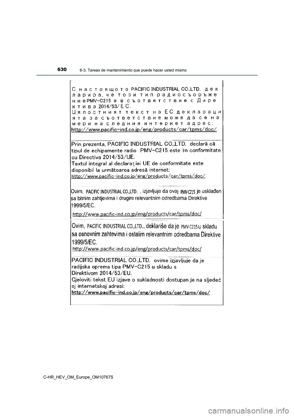 TOYOTA C-HR 2023  Manual del propietario (in Spanish) 6306-3. Tareas de mantenimiento que puede hacer usted mismo
C-HR_HEV_OM_Europe_OM10767S 