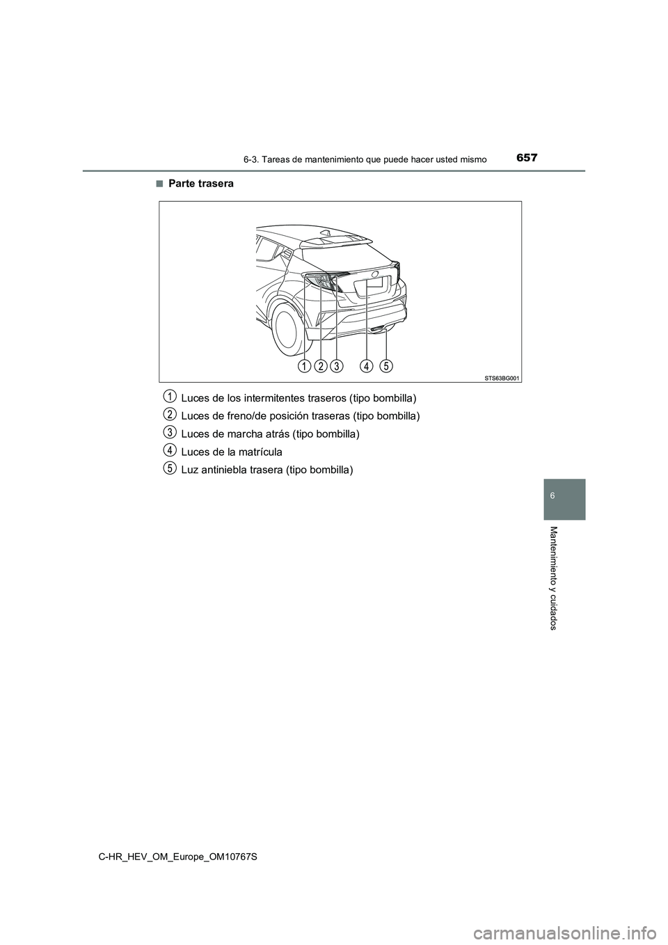 TOYOTA C-HR 2023  Manual del propietario (in Spanish) 6576-3. Tareas de mantenimiento que puede hacer usted mismo
C-HR_HEV_OM_Europe_OM10767S
6
Mantenimiento y cuidados
■Parte trasera
Luces de los intermitentes traseros (tipo bombilla) 
Luces de freno/
