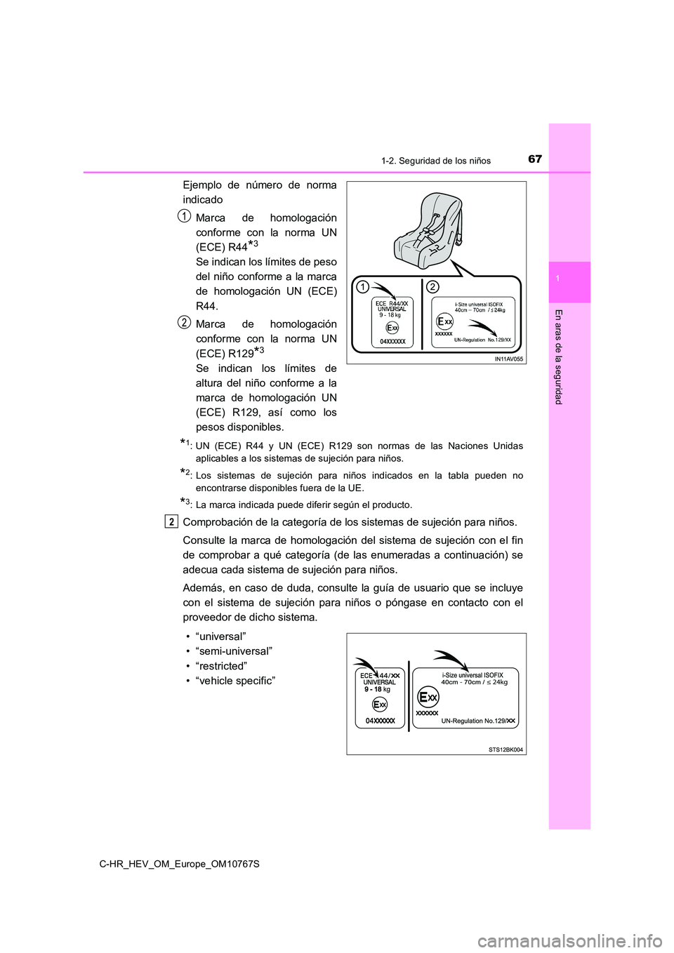 TOYOTA C-HR 2023  Manual del propietario (in Spanish) 671-2. Seguridad de los niños
1
En aras de la seguridad
C-HR_HEV_OM_Europe_OM10767S
Ejemplo  de  número  de  norma 
indicado 
Marca  de  homologación 
conforme  con  la  norma  UN
(ECE) R44*3
Se in