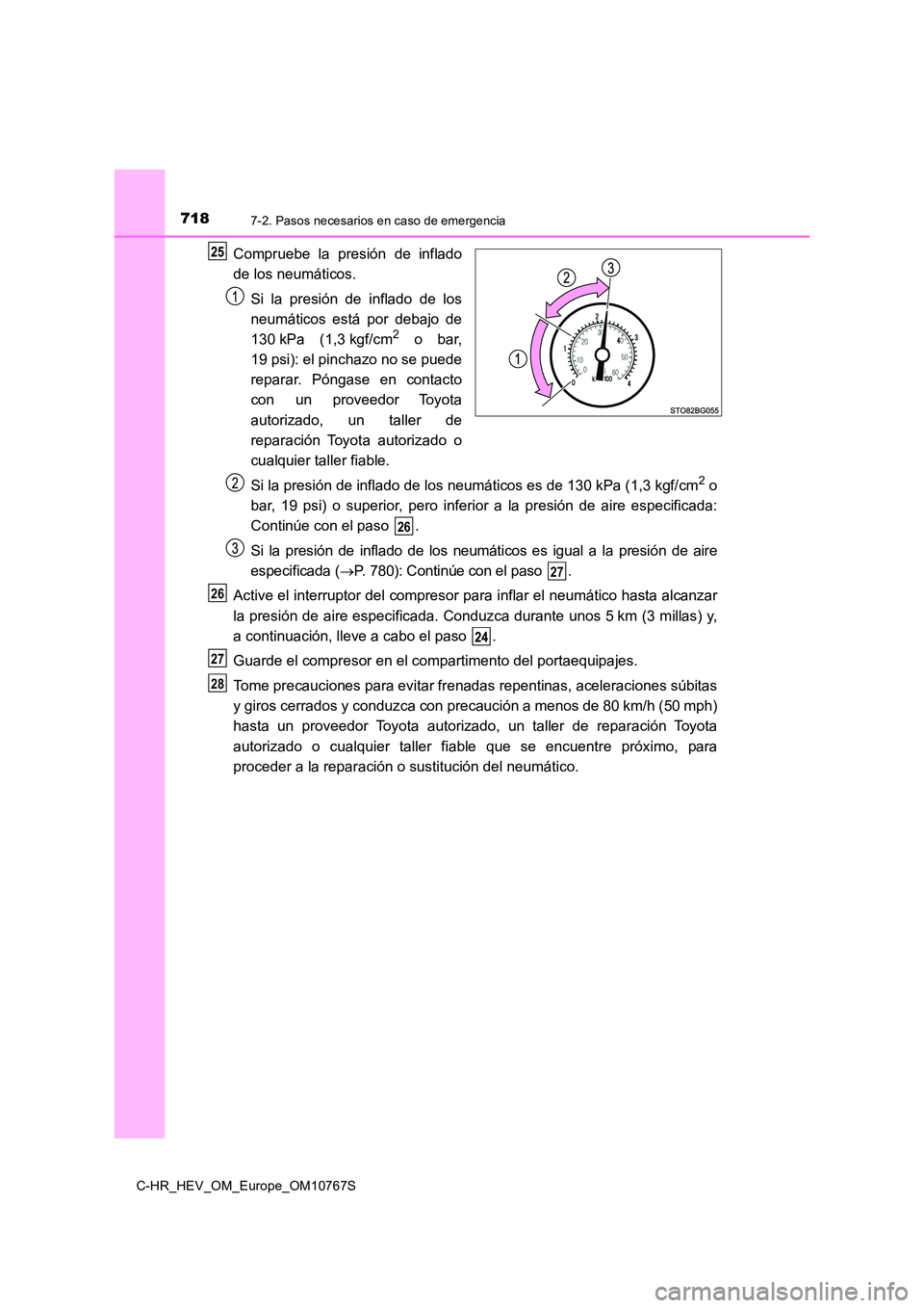 TOYOTA C-HR 2023  Manual del propietario (in Spanish) 7187-2. Pasos necesarios en caso de emergencia
C-HR_HEV_OM_Europe_OM10767S
Compruebe  la  presión  de  inflado 
de los neumáticos. 
Si  la  presión  de  inflado  de  los 
neumáticos  está  por  d