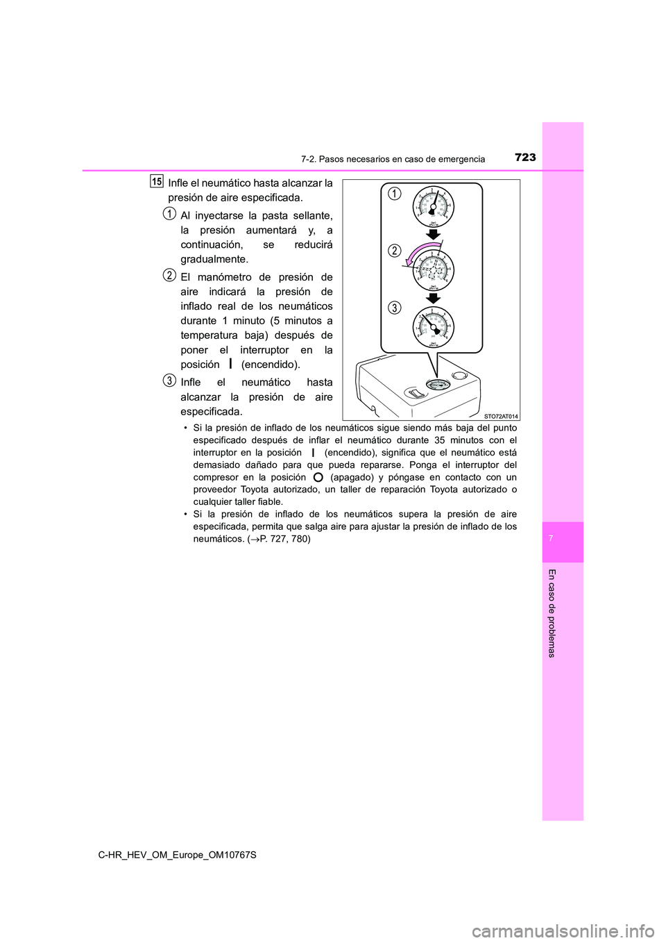 TOYOTA C-HR 2023  Manual del propietario (in Spanish) 7237-2. Pasos necesarios en caso de emergencia
C-HR_HEV_OM_Europe_OM10767S
7
En caso de problemas
Infle el neumático hasta alcanzar la 
presión de aire especificada. 
Al  inyectarse  la  pasta  sell