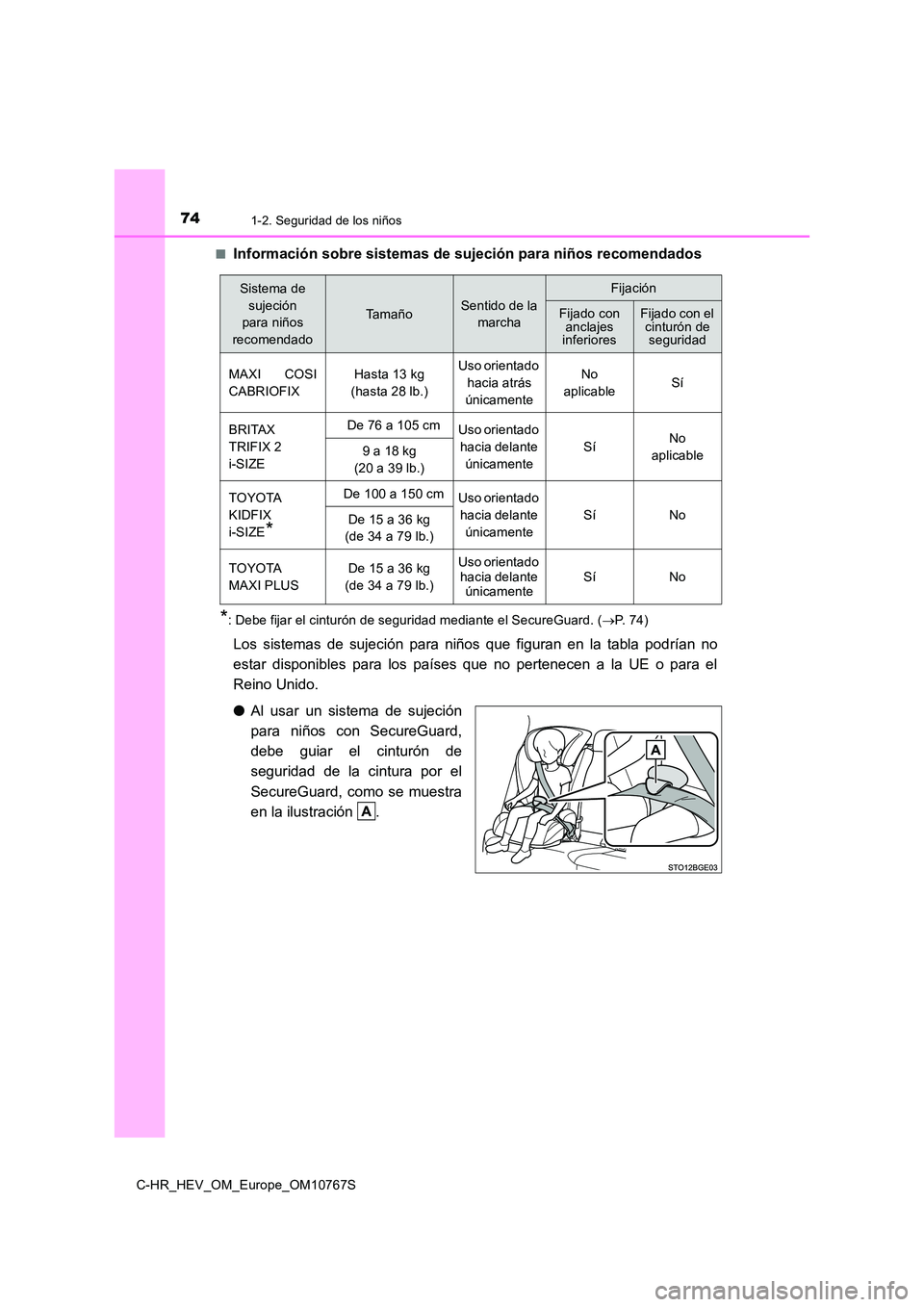 TOYOTA C-HR 2023  Manual del propietario (in Spanish) 741-2. Seguridad de los niños
C-HR_HEV_OM_Europe_OM10767S 
■Información sobre sistemas de sujeción para niños recomendados
*: Debe fijar el cinturón de seguridad mediante el SecureGuard.  (P