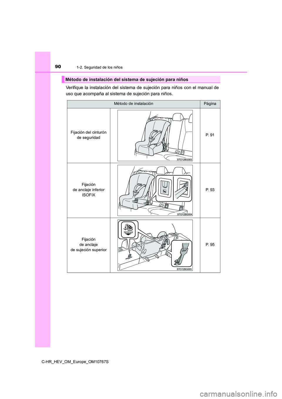 TOYOTA C-HR 2023  Manual del propietario (in Spanish) 901-2. Seguridad de los niños
C-HR_HEV_OM_Europe_OM10767S
Verifique la instalación del sistema de sujeción para niños con el manual de 
uso que acompaña al sistema de sujeción para niños.
Méto