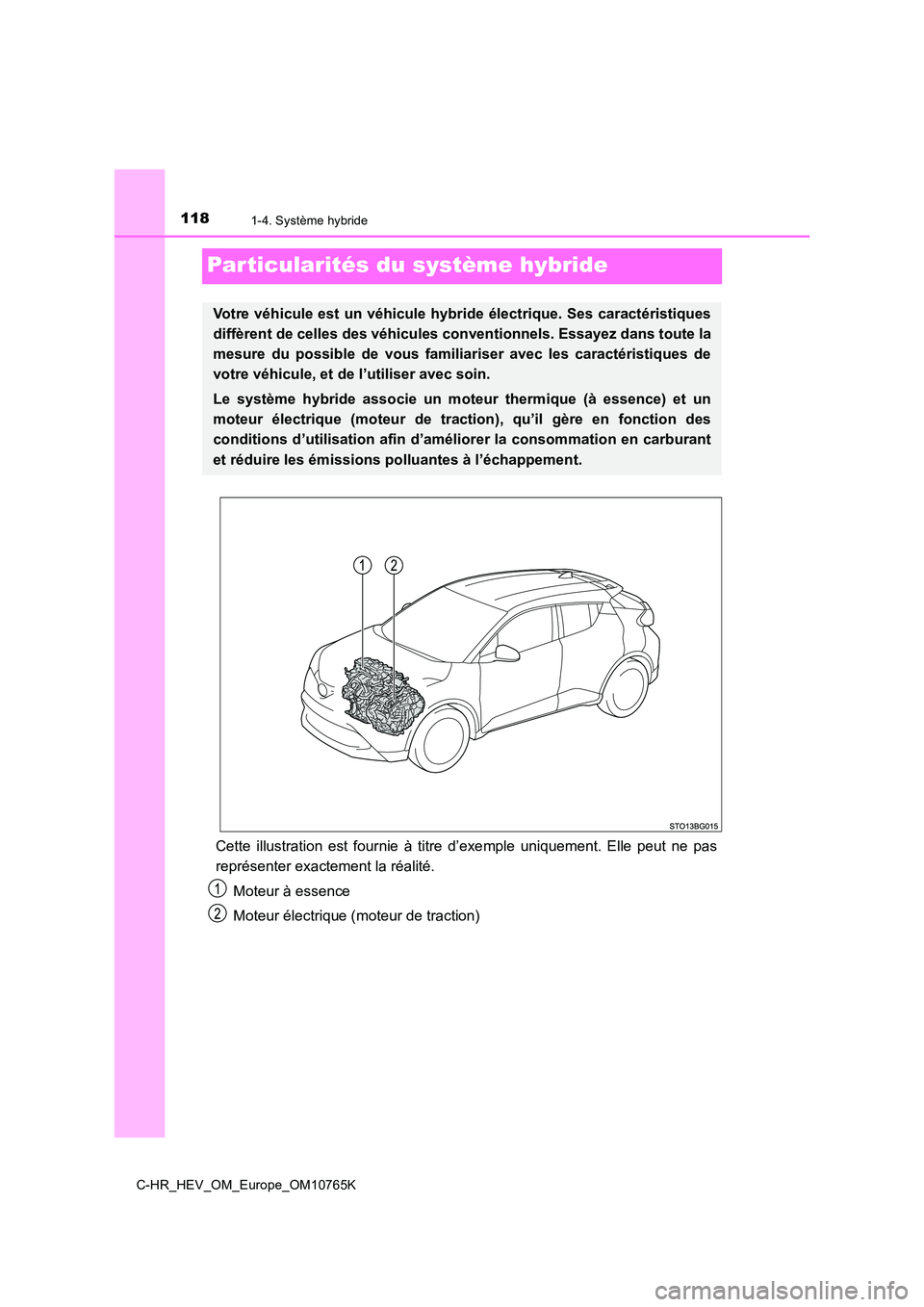 TOYOTA C-HR 2023  Manuel du propriétaire (in French) 1181-4. Système hybride
C-HR_HEV_OM_Europe_OM10765K
Particularités du système hybride
Cette  illustration  est  fournie à  titre  d’exemple  uniquement.  Elle  peut  ne  pas 
représenter exacte