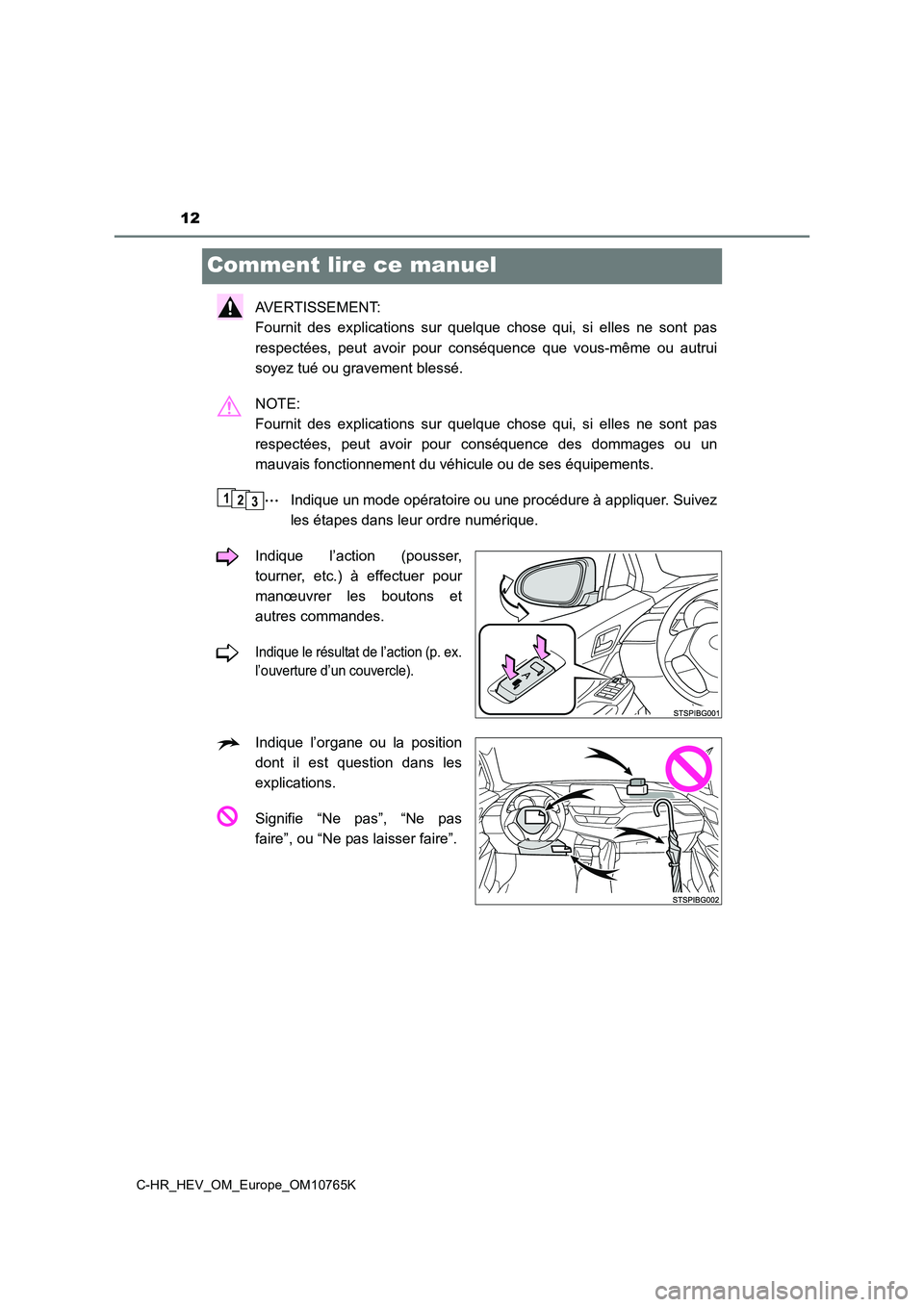 TOYOTA C-HR 2023  Manuel du propriétaire (in French) 12
C-HR_HEV_OM_Europe_OM10765K
Comment lire ce manuel
AVERTISSEMENT:  
Fournit  des  explications  sur  quelque  chose  qui,  si  elles  ne  son t  pas 
respectées,  peut  avoir  pour  conséquence  