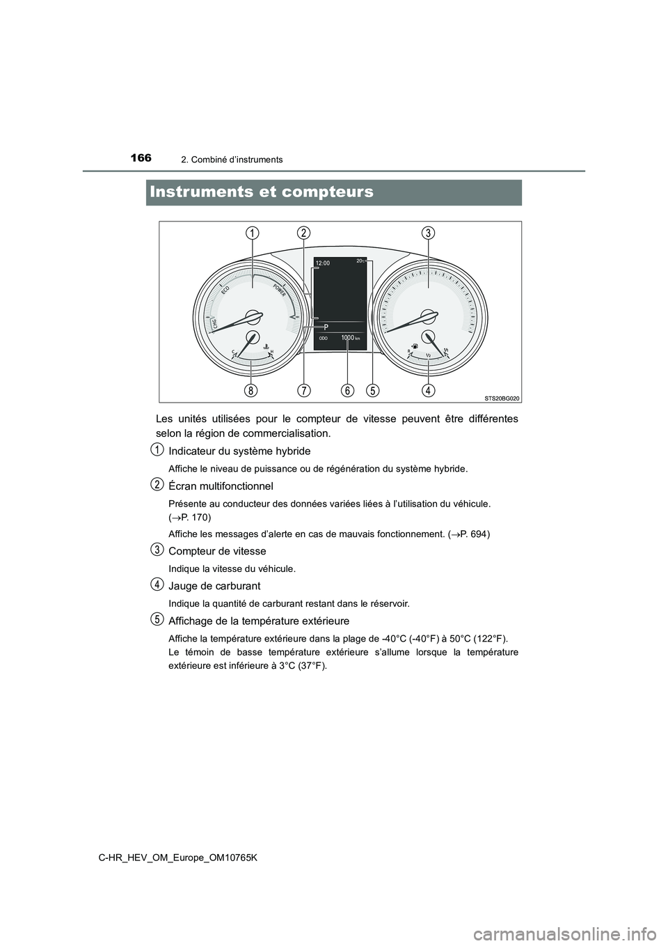 TOYOTA C-HR 2023  Manuel du propriétaire (in French) 1662. Combiné d’instruments
C-HR_HEV_OM_Europe_OM10765K
Instruments et compteurs
Les  unités  utilisées  pour  le  compteur  de  vitesse  peuvent  être  différentes 
selon la région de commerc