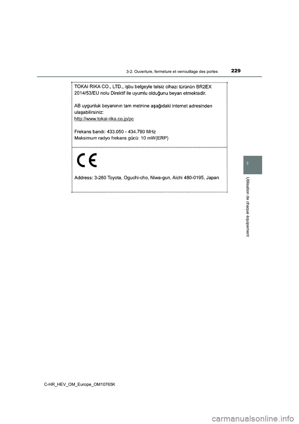 TOYOTA C-HR 2023  Manuel du propriétaire (in French) 2293-2. Ouverture, fermeture et verrouillage des portes
3
Utilisation de chaque équipement
C-HR_HEV_OM_Europe_OM10765K 