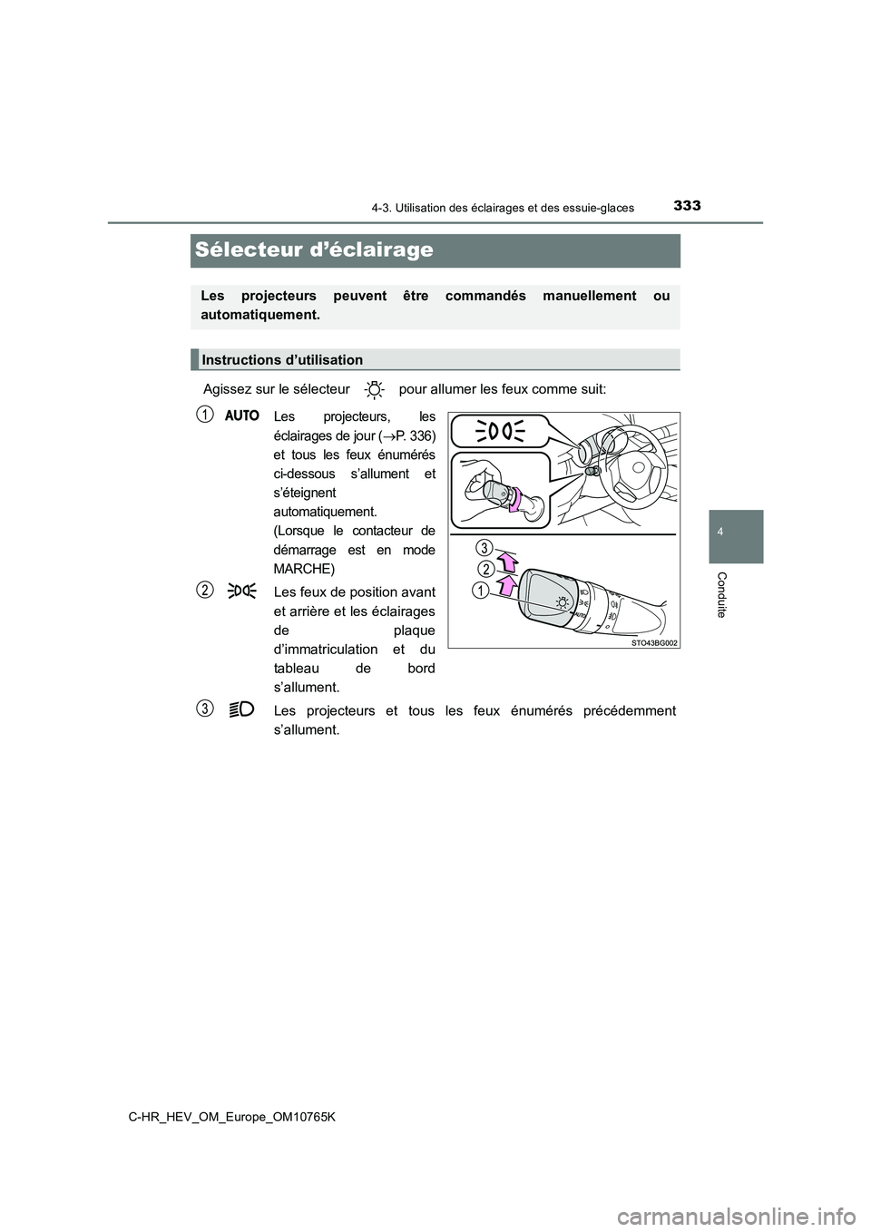 TOYOTA C-HR 2023  Manuel du propriétaire (in French) 333
4
4-3. Utilisation des éclairages et des essuie-glaces
Conduite
C-HR_HEV_OM_Europe_OM10765K
Sélecteur d’éclairage
Agissez sur le sélecteur   pour allumer les feux comme suit:
Les  projecteur