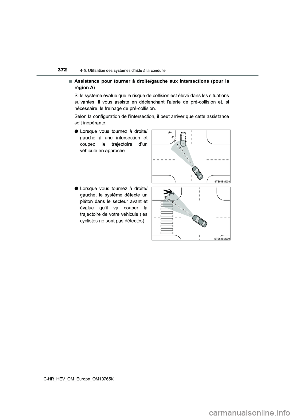 TOYOTA C-HR 2023  Manuel du propriétaire (in French) 3724-5. Utilisation des systèmes d’aide à la conduite
C-HR_HEV_OM_Europe_OM10765K 
■Assistance  pour  tourner  à  droite/gauche  aux  intersections  (pour  la 
région A) 
Si le système évalu