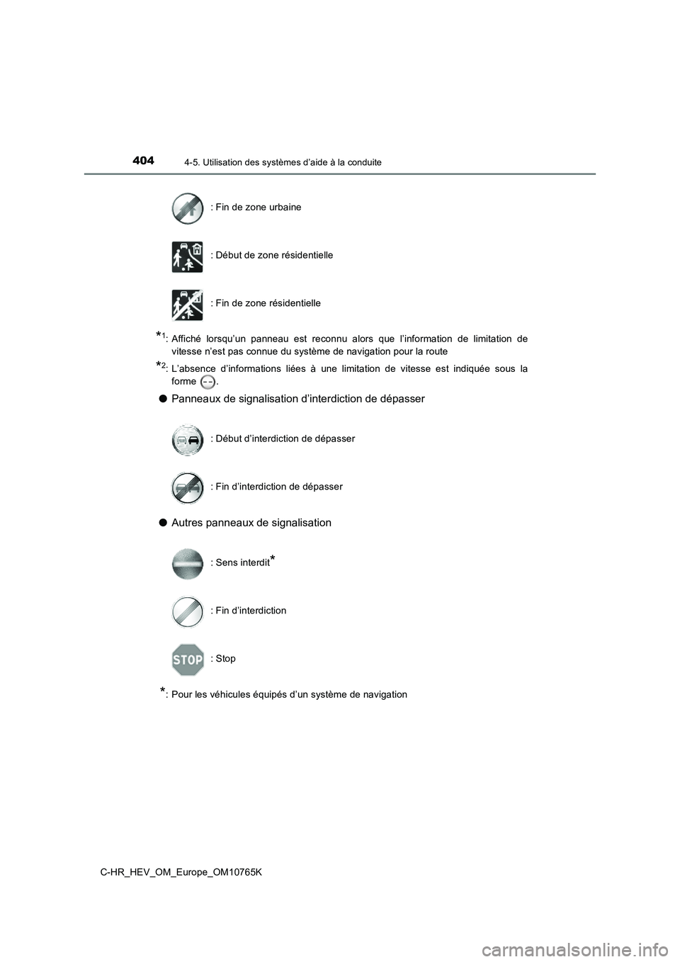 TOYOTA C-HR 2023  Manuel du propriétaire (in French) 4044-5. Utilisation des systèmes d’aide à la conduite
C-HR_HEV_OM_Europe_OM10765K
*1: Affiché  lorsqu’un  panneau  est  reconnu  alors  que  l’information de  limitation  de 
vitesse n’est 