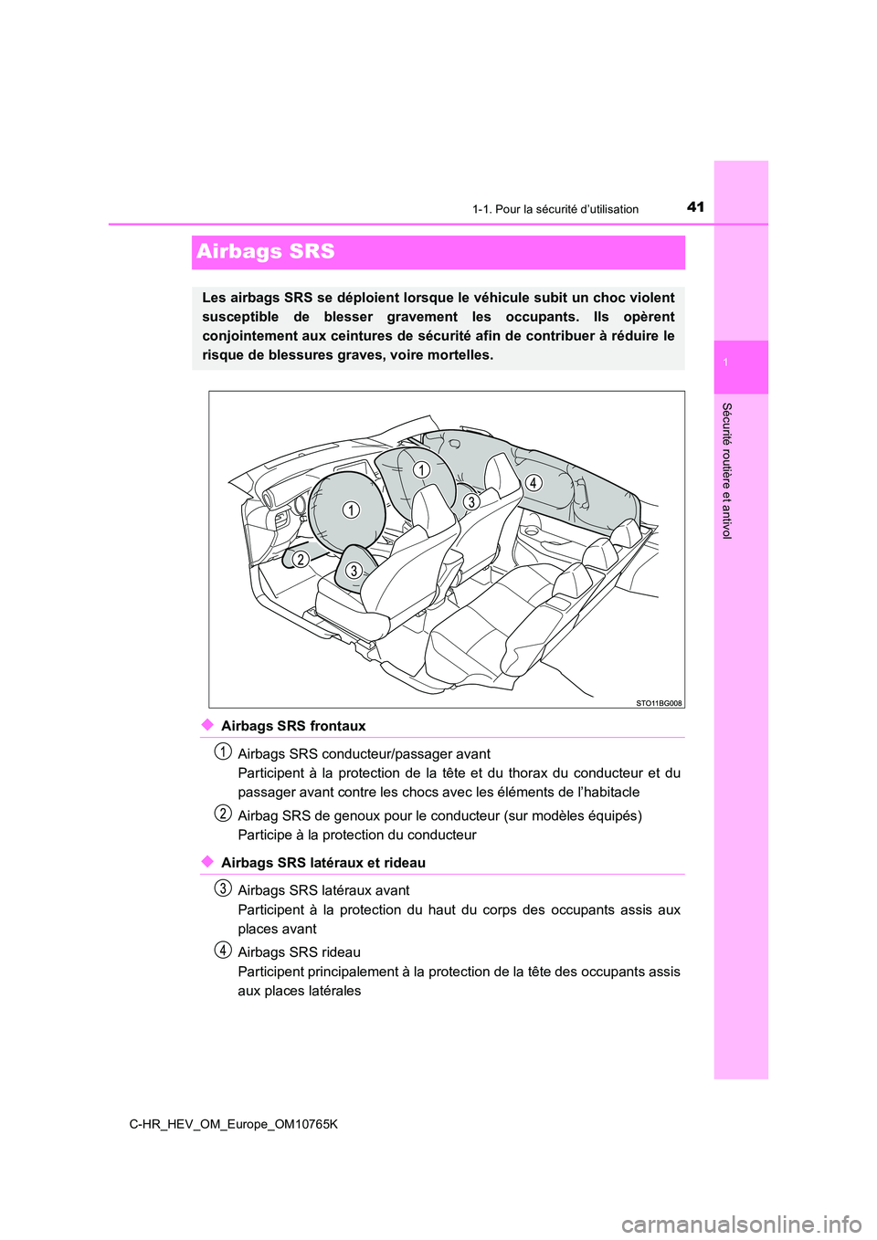 TOYOTA C-HR 2023  Manuel du propriétaire (in French) 411-1. Pour la sécurité d’utilisation
1
Sécurité routière et antivol
C-HR_HEV_OM_Europe_OM10765K
Airbags SRS
◆Airbags SRS frontaux 
Airbags SRS conducteur/passager avant  
Participent  à  la
