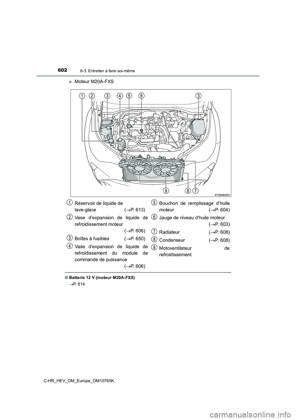 TOYOTA C-HR 2023  Manuel du propriétaire (in French) 6026-3. Entretien à faire soi-même
C-HR_HEV_OM_Europe_OM10765K
Moteur M20A-FXS
■Batterie 12 V (moteur M20A-FXS) 
 P.   6 1 4
Réservoir de liquide de  
lave-glace ( P. 613) 
Vase  d’exp