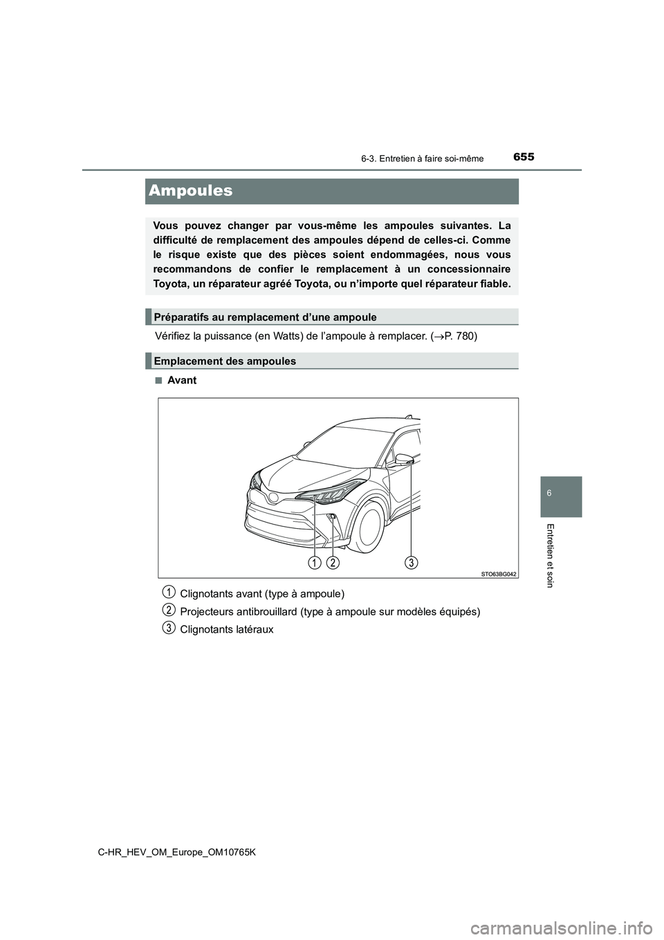TOYOTA C-HR 2023  Manuel du propriétaire (in French) 6556-3. Entretien à faire soi-même
C-HR_HEV_OM_Europe_OM10765K
6
Entretien et soin
Ampoules
Vérifiez la puissance (en Watts) de l’ampoule à remplacer. (P. 780)
■Avant
Vous  pouvez  changer 