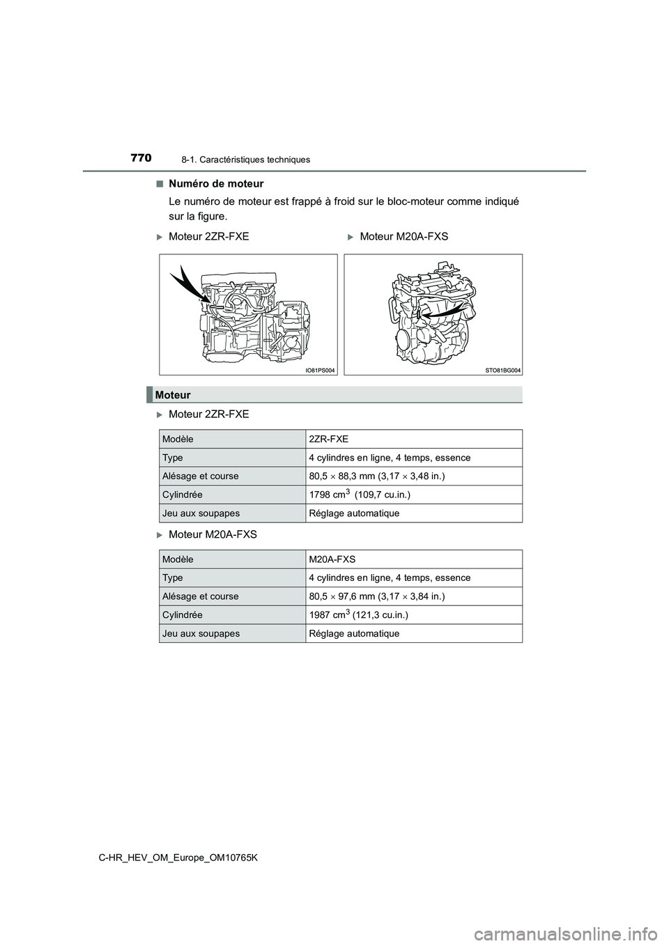 TOYOTA C-HR 2023  Manuel du propriétaire (in French) 7708-1. Caractéristiques techniques
C-HR_HEV_OM_Europe_OM10765K 
■Numéro de moteur 
Le numéro de moteur est frappé à froid sur le bloc-moteur comme  indiqué 
sur la figure.
Moteur 2ZR-FXE
