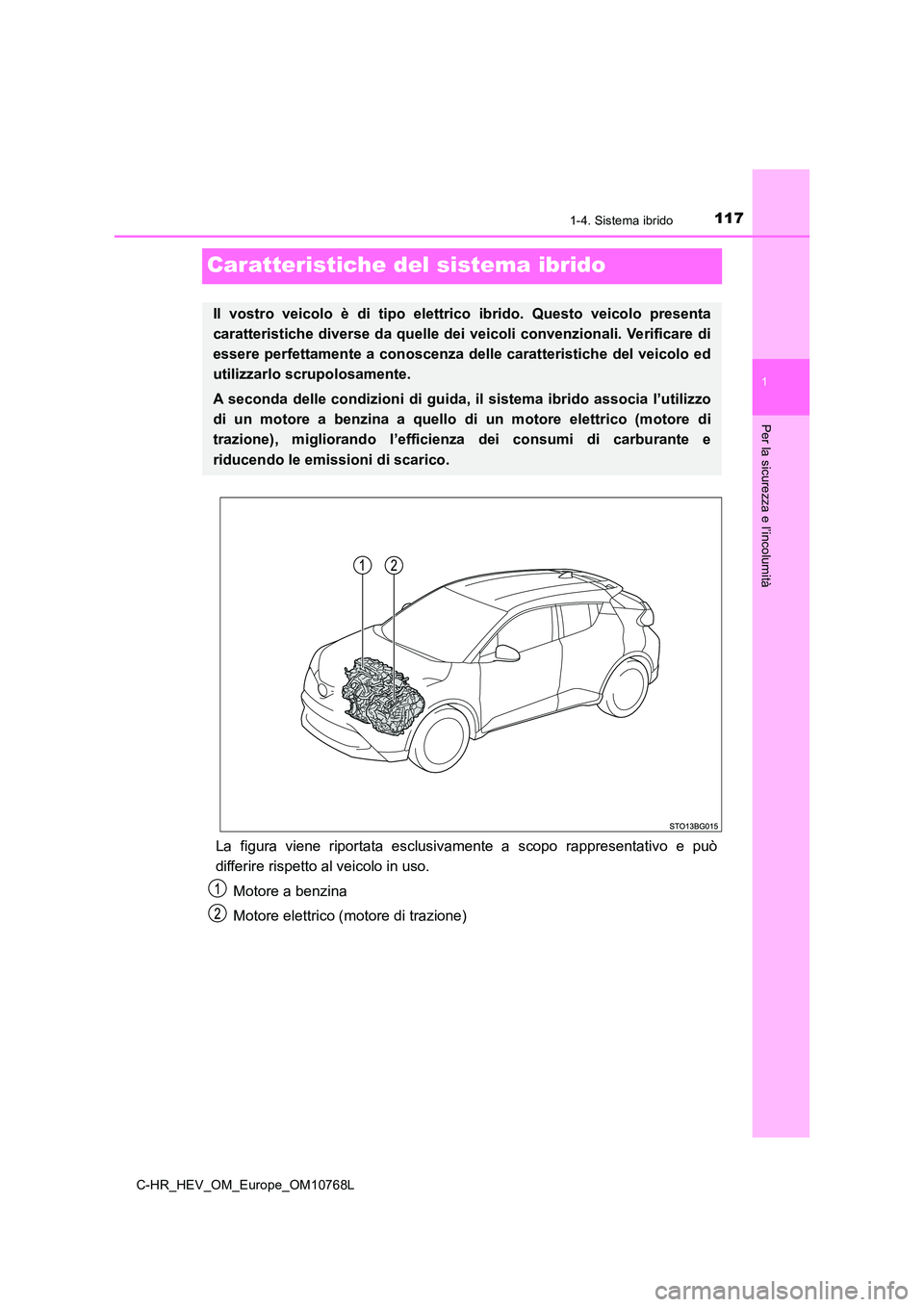 TOYOTA C-HR 2023  Manuale duso (in Italian) 117
1
1-4. Sistema ibrido
Per la sicurezza e l’incolumità
C-HR_HEV_OM_Europe_OM10768L
Caratteristiche del sistema ibrido
La  figura  viene  riportata  esclusivamente  a  scopo  rappresentativo  e  