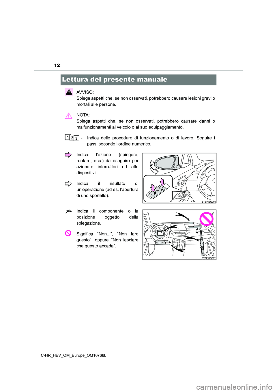 TOYOTA C-HR 2023  Manuale duso (in Italian) 12
C-HR_HEV_OM_Europe_OM10768L
Lettura del presente manuale
AVVISO:  
Spiega aspetti che, se non osservati, potrebbero causare lesion i gravi o 
mortali alle persone. 
NOTA:  
Spiega  aspetti  che,  s