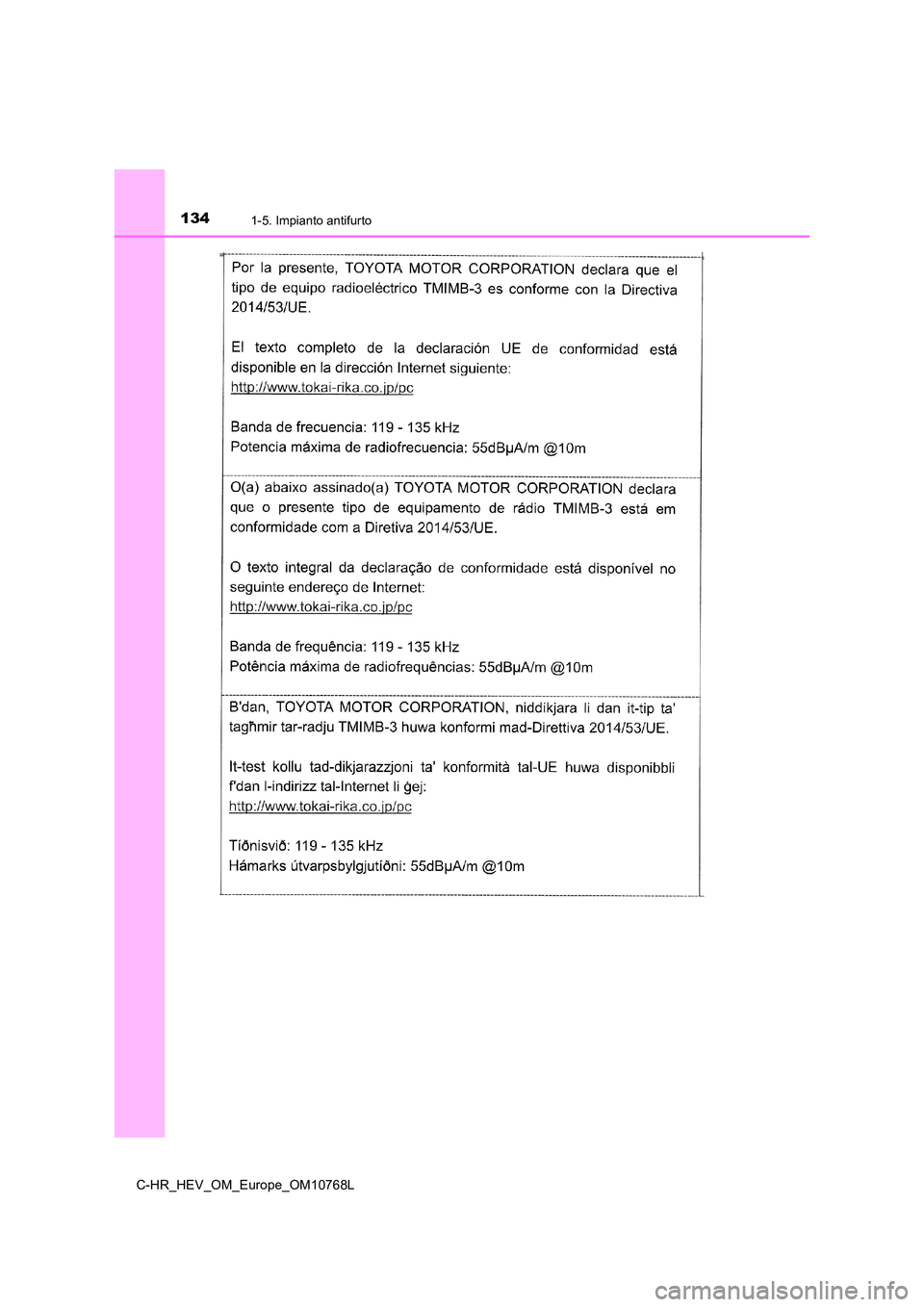 TOYOTA C-HR 2023  Manuale duso (in Italian) 1341-5. Impianto antifurto
C-HR_HEV_OM_Europe_OM10768L 