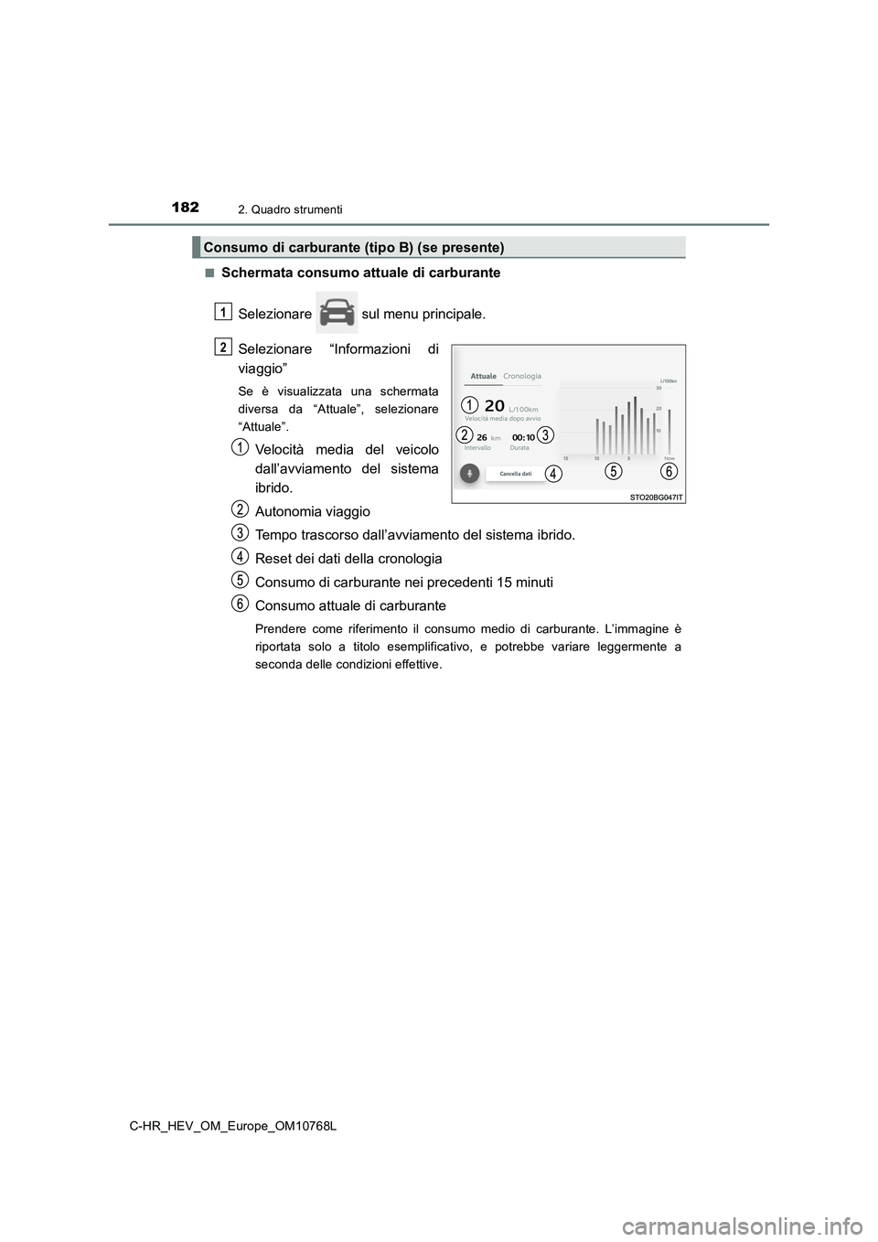 TOYOTA C-HR 2023  Manuale duso (in Italian) 1822. Quadro strumenti
C-HR_HEV_OM_Europe_OM10768L 
■Schermata consumo attuale di carburante 
Selezionare   sul menu principale. 
Selezionare  “Informazioni  di 
viaggio”
Se  è  visualizzata  u