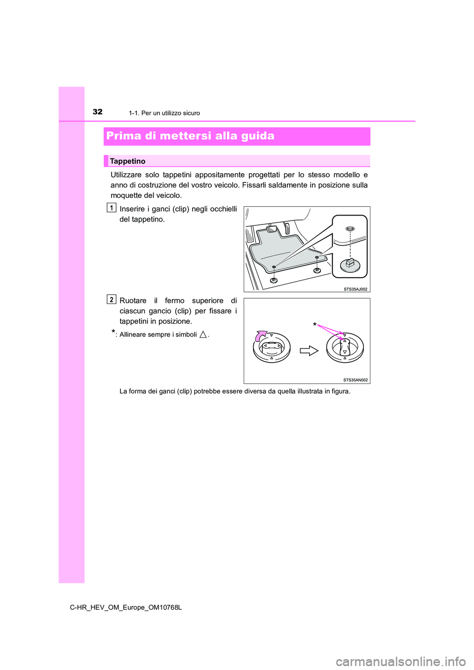 TOYOTA C-HR 2023  Manuale duso (in Italian) 321-1. Per un utilizzo sicuro
C-HR_HEV_OM_Europe_OM10768L
Prima di mettersi alla guida
Utilizzare  solo  tappetini  appositamente  progettati  per  lo  stesso  modello  e 
anno di costruzione del vost