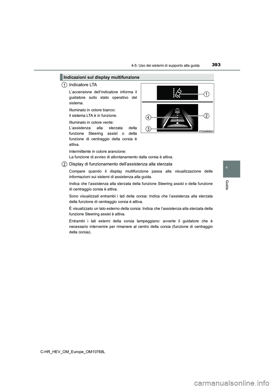 TOYOTA C-HR 2023 Manuale duso (in Italian) 3934-5. Uso dei sistemi di supporto alla guida
4
Guida
C-HR_HEV_OM_Europe_OM10768L
Indicatore LTA
L’accensione dell’indicatore informa il
guidatore sullo stato operativo del
sistema.
Illu TOYOTA C-HR 2023 Manuale duso (in Italian) 3934-5. Uso dei sistemi di supporto alla guida
4
Guida
C-HR_HEV_OM_Europe_OM10768L
Indicatore LTA
L’accensione dell’indicatore informa il
guidatore sullo stato operativo del
sistema.
Illu