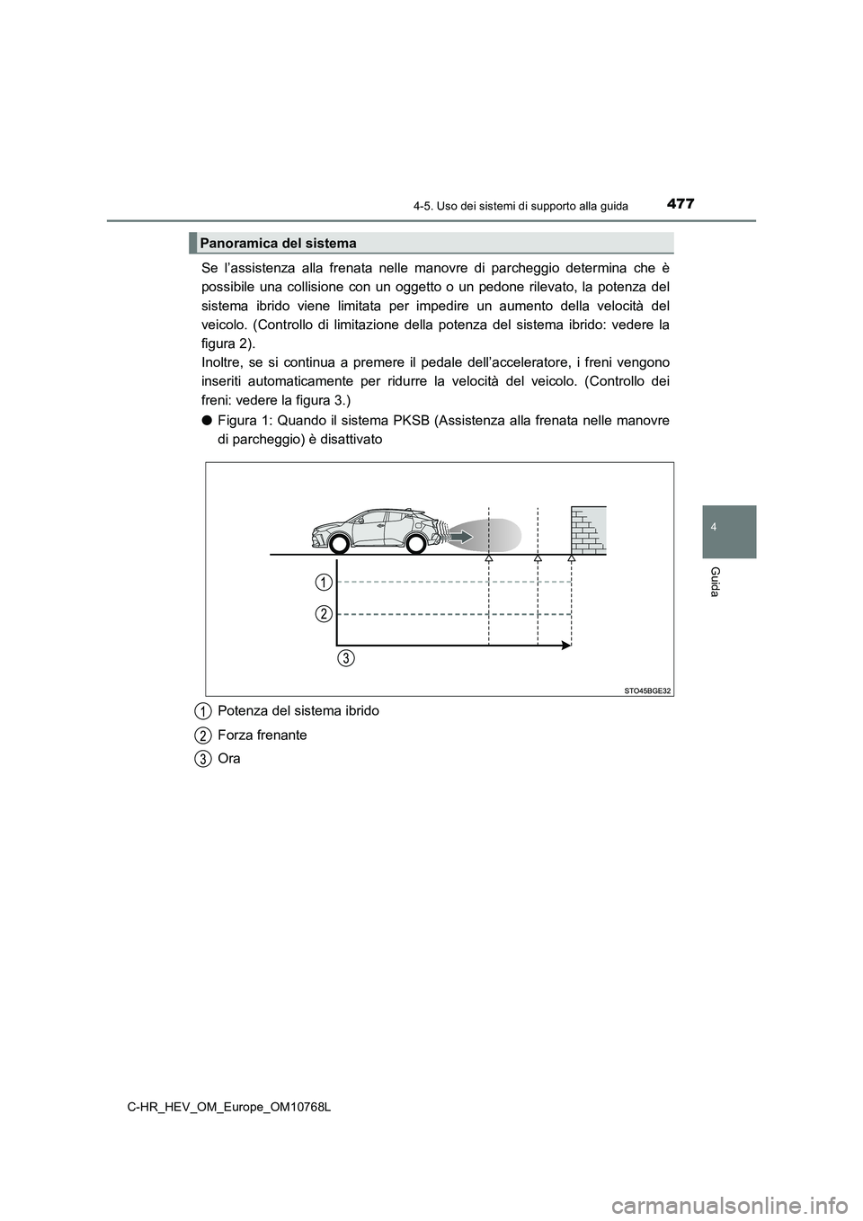 TOYOTA C-HR 2023  Manuale duso (in Italian) 4774-5. Uso dei sistemi di supporto alla guida
4
Guida
C-HR_HEV_OM_Europe_OM10768L
Se  l’assistenza  alla  frenata  nelle  manovre  di  parcheggio  determina  che  è 
possibile  una  collisione  co