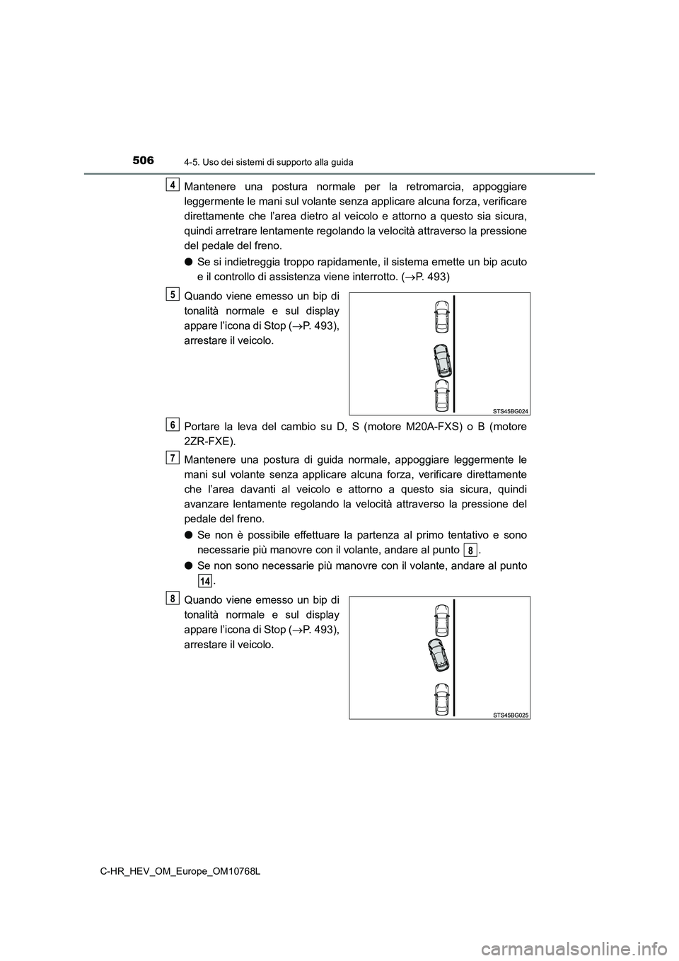 TOYOTA C-HR 2023 Manuale duso (in Italian) 5064-5. Uso dei sistemi di supporto alla guida
C-HR_HEV_OM_Europe_OM10768L
Mantenere una postura normale per la retromarcia, appoggiare
leggermente le mani sul volante senza applicare alcuna f TOYOTA C-HR 2023 Manuale duso (in Italian) 5064-5. Uso dei sistemi di supporto alla guida
C-HR_HEV_OM_Europe_OM10768L
Mantenere una postura normale per la retromarcia, appoggiare
leggermente le mani sul volante senza applicare alcuna f