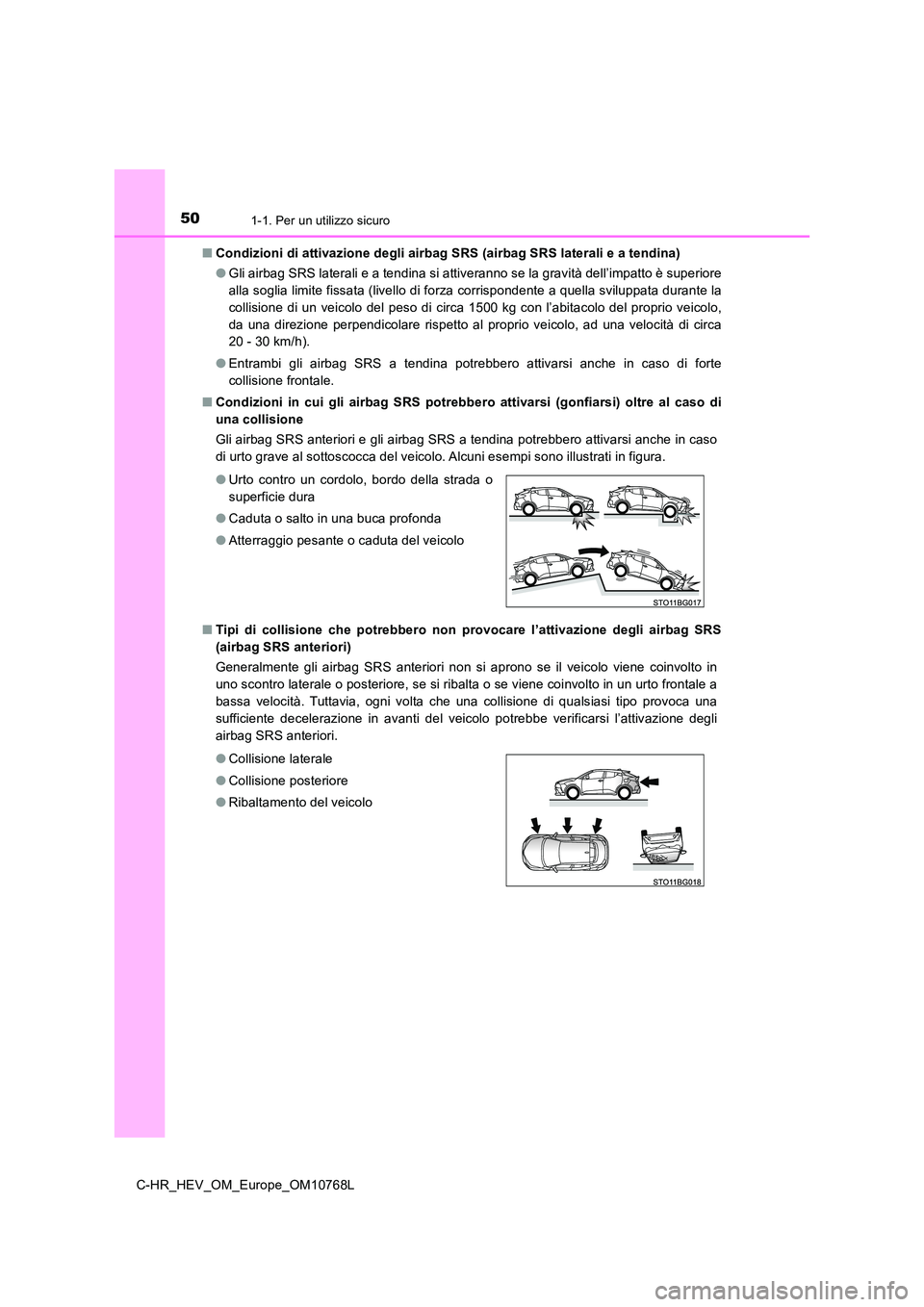 TOYOTA C-HR 2023  Manuale duso (in Italian) 501-1. Per un utilizzo sicuro
C-HR_HEV_OM_Europe_OM10768L 
■ Condizioni di attivazione degli airbag SRS (airbag SRS laterali e a tendina) 
● Gli airbag SRS laterali e a tendina si attiveranno se l