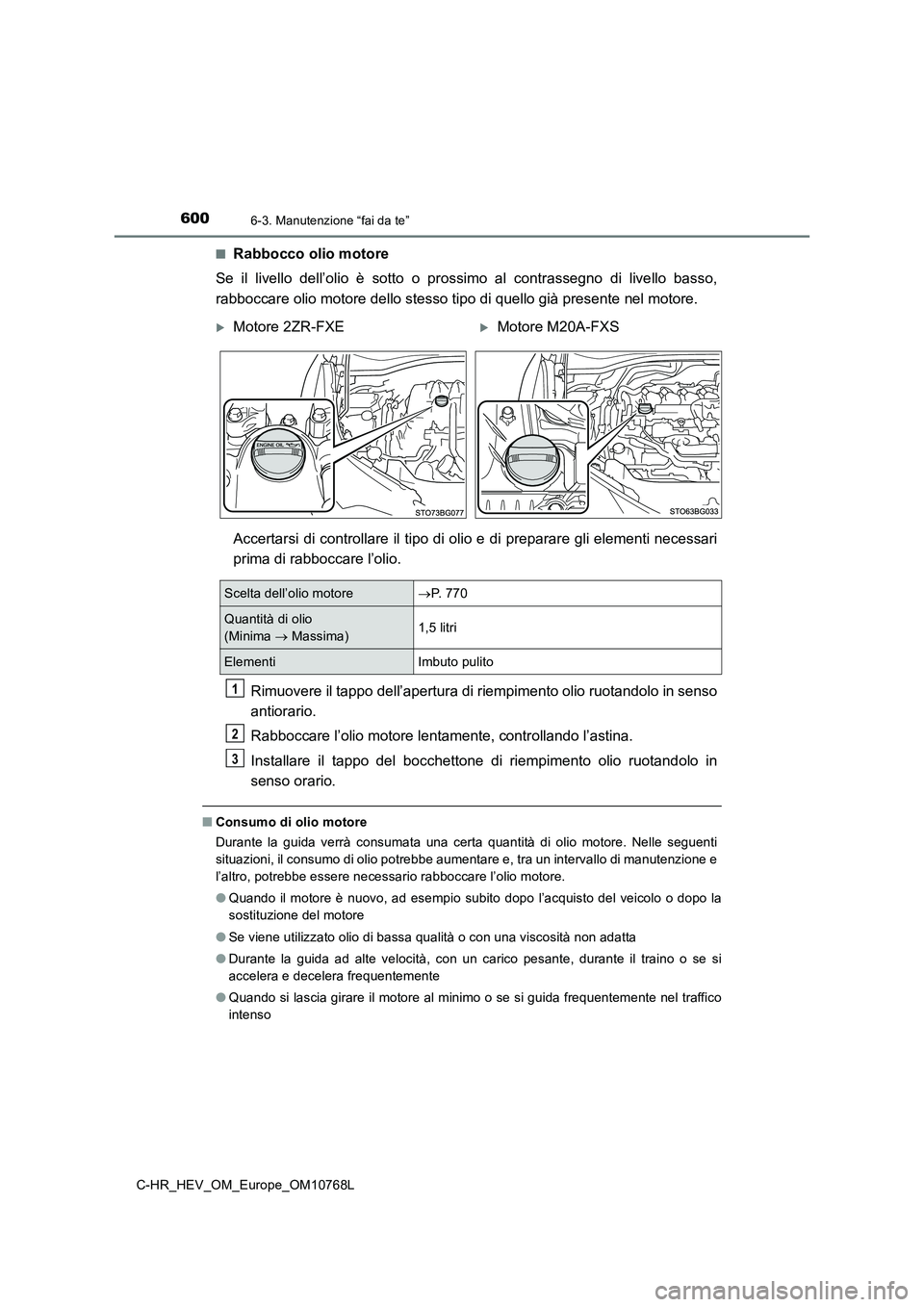 TOYOTA C-HR 2023 Manuale duso (in Italian) 6006-3. Manutenzione “fai da te”
C-HR_HEV_OM_Europe_OM10768L
■Rabbocco olio motore
Se il livello dell’olio è sotto o prossimo al contrassegno di l ivello basso,
rabboccare olio TOYOTA C-HR 2023 Manuale duso (in Italian) 6006-3. Manutenzione “fai da te”
C-HR_HEV_OM_Europe_OM10768L
■Rabbocco olio motore
Se il livello dell’olio è sotto o prossimo al contrassegno di l ivello basso,
rabboccare olio