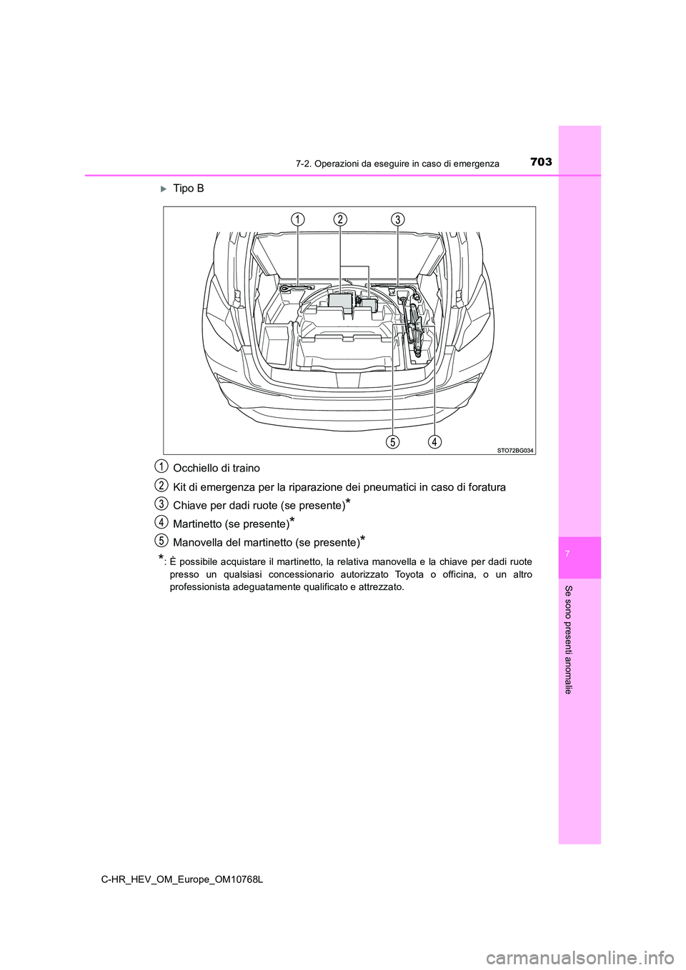 TOYOTA C-HR 2023  Manuale duso (in Italian) 7037-2. Operazioni da eseguire in caso di emergenza
C-HR_HEV_OM_Europe_OM10768L
7
Se sono presenti anomalie
Tipo B 
Occhiello di traino 
Kit di emergenza per la riparaz ione dei pneumatici in caso 