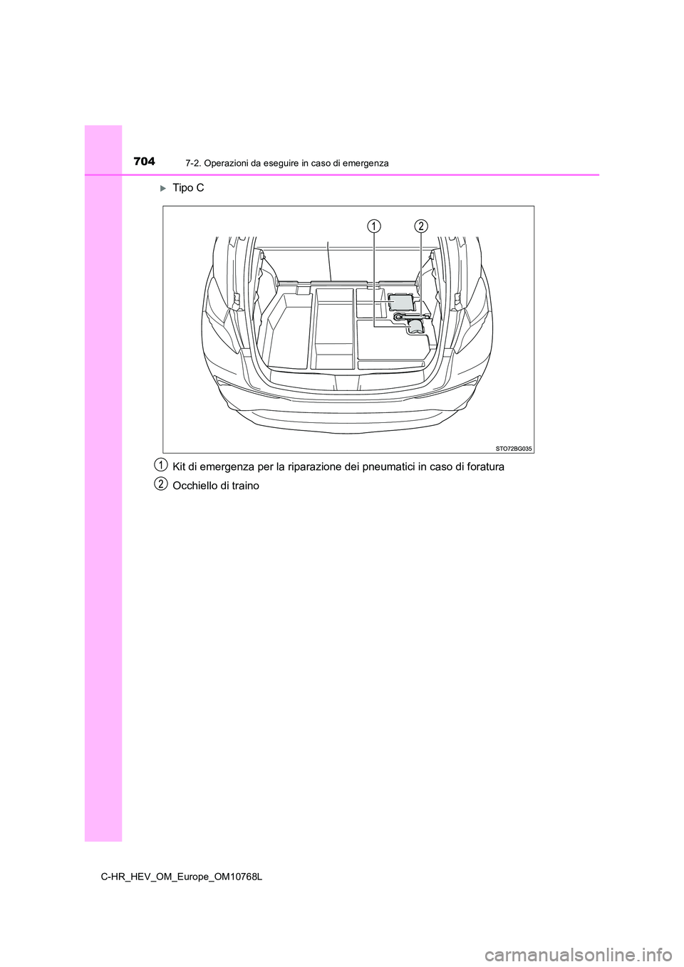 TOYOTA C-HR 2023  Manuale duso (in Italian) 7047-2. Operazioni da eseguire in caso di emergenza
C-HR_HEV_OM_Europe_OM10768L
Tipo C 
Kit di emergenza per la riparaz ione dei pneumatici in caso di foratura 
Occhiello di traino 