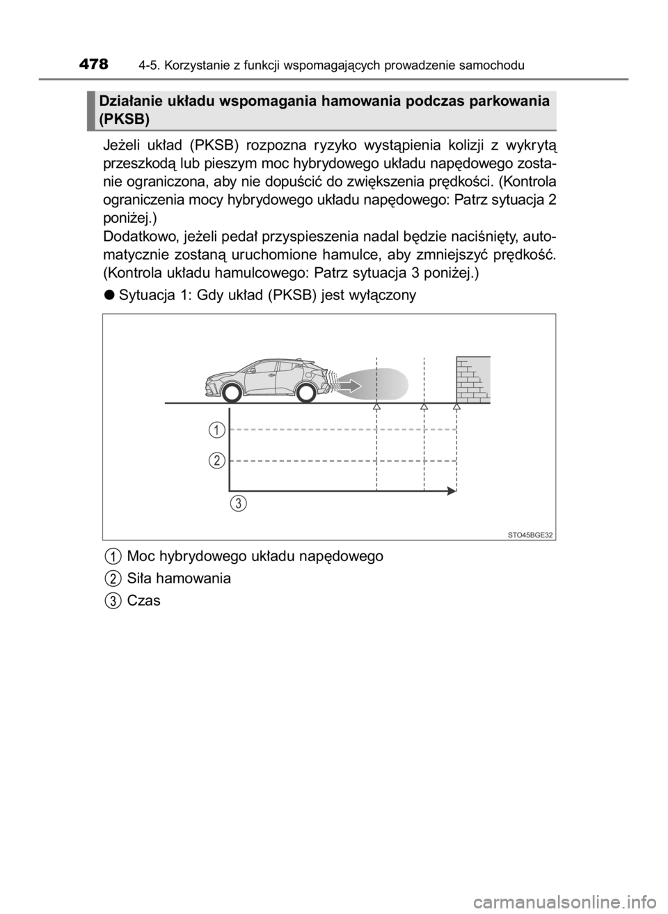 TOYOTA C-HR 2023  Instrukcja obsługi (in Polish) Je˝eli  uk∏ad  (PKSB)  rozpozna  ryzyko  wystàpienia  kolizji  z wykrytà
przeszkodà lub pieszym moc hybrydowego uk∏adu nap´dowego zosta-
nie ograniczona, aby nie dopuÊciç do zwi´kszenia pr