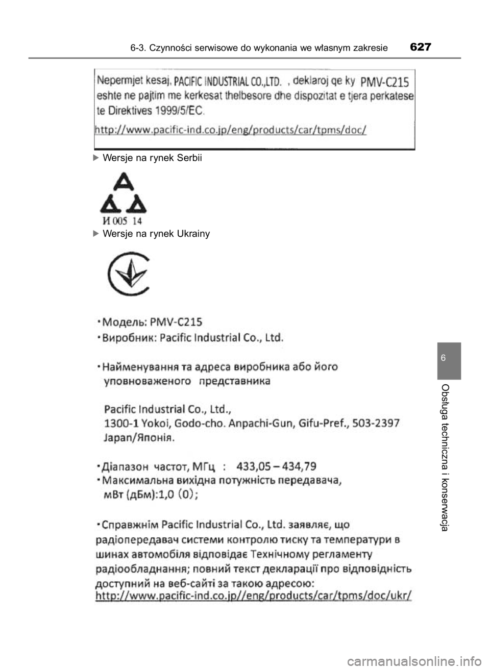 TOYOTA C-HR 2023  Instrukcja obsługi (in Polish) óWersje na rynek Serbii
óWersje na rynek Ukrainy
6-3. CzynnoÊci serwisowe do wykonania we w∏asnym zakresie627
6
Obs∏uga techniczna i konserwacja
18 C_HR HV OM10764E  6/22/22  11:57 AM  Page 627