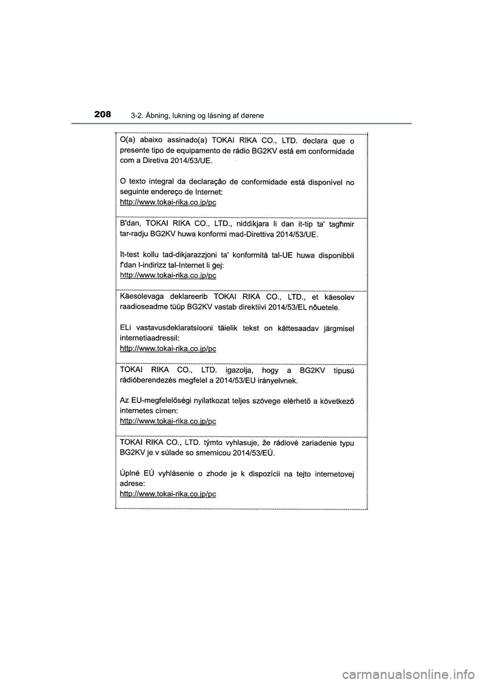 TOYOTA C-HR 2020  Brugsanvisning (in Danish) 2083-2. Åbning, lukning og låsning af dørene
C-HR HV OM10701DK
OM10566DK.book  Page 208  Friday, January 29, 2021  9:55 AM 
