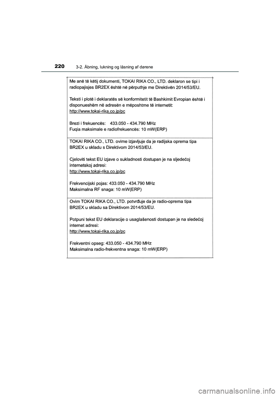 TOYOTA C-HR 2020  Brugsanvisning (in Danish) 2203-2. Åbning, lukning og låsning af dørene
C-HR HV OM10701DK
OM10566DK.book  Page 220  Friday, January 29, 2021  9:55 AM 