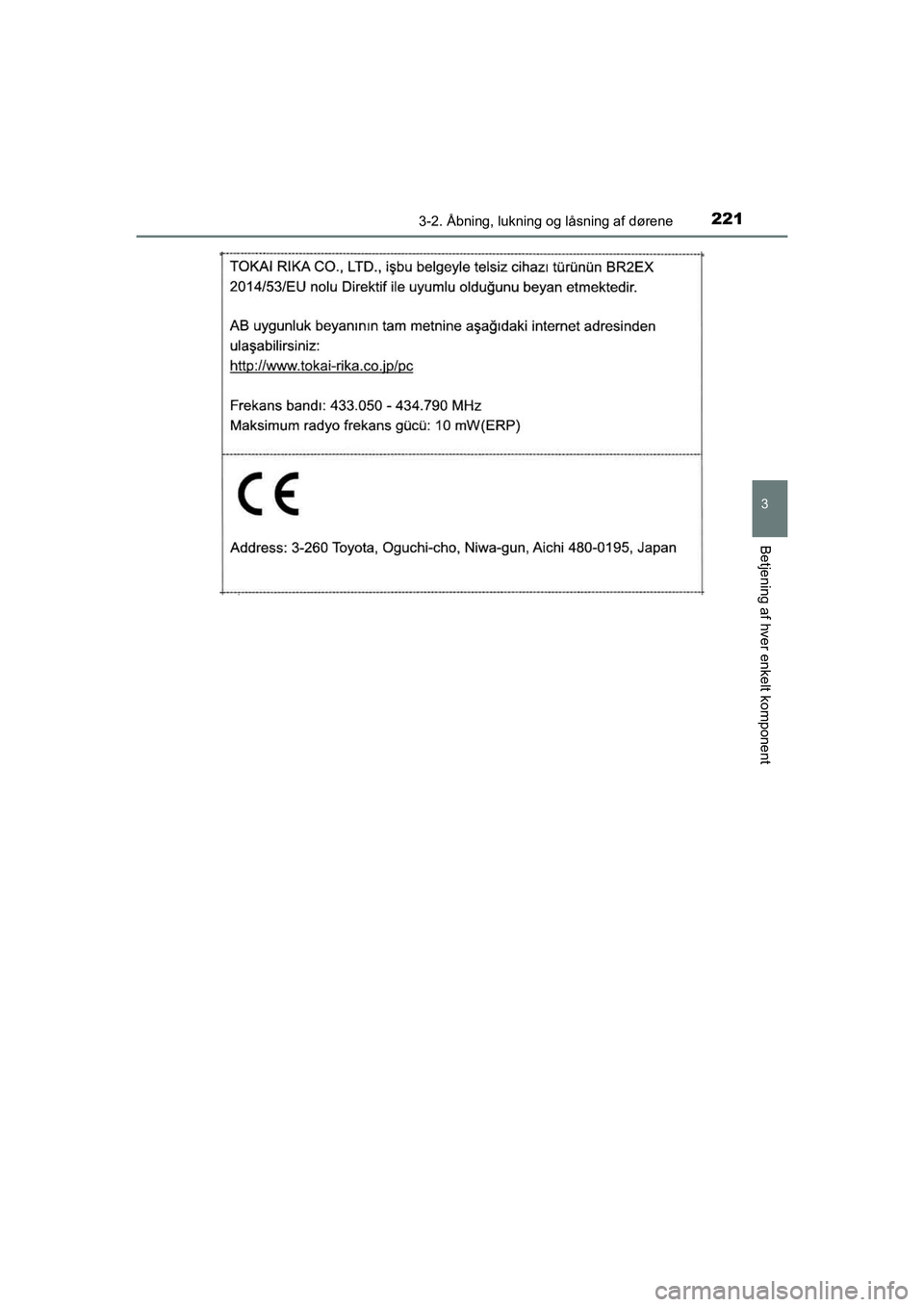 TOYOTA C-HR 2020  Brugsanvisning (in Danish) 2213-2. Åbning, lukning og låsning af dørene
3
Betjening af hver enkelt komponent
C-HR HV OM10701DK
OM10566DK.book  Page 221  Friday, January 29, 2021  9:55 AM 
