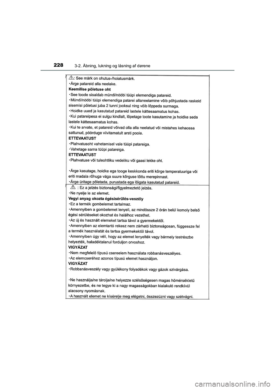 TOYOTA C-HR 2020  Brugsanvisning (in Danish) 2283-2. Åbning, lukning og låsning af dørene
C-HR HV OM10701DK
OM10566DK.book  Page 228  Friday, January 29, 2021  9:55 AM 