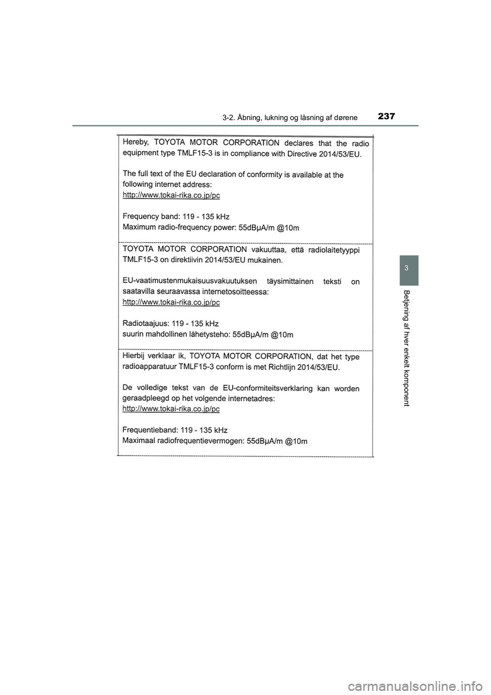 TOYOTA C-HR 2020  Brugsanvisning (in Danish) 2373-2. Åbning, lukning og låsning af dørene
3
Betjening af hver enkelt komponent
C-HR HV OM10701DK
OM10566DK.book  Page 237  Friday, January 29, 2021  9:55 AM 