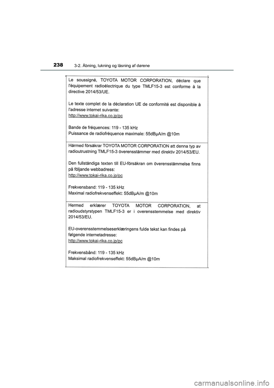 TOYOTA C-HR 2020  Brugsanvisning (in Danish) 2383-2. Åbning, lukning og låsning af dørene
C-HR HV OM10701DK
OM10566DK.book  Page 238  Friday, January 29, 2021  9:55 AM 
