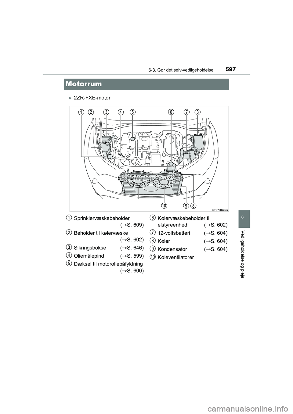 TOYOTA C-HR 2020  Brugsanvisning (in Danish) 5976-3. Gør det selv-vedligeholdelse
6
Vedligeholdelse og pleje
C-HR HV OM10701DK
Motorrum
2ZR-FXE-motor
Sprinklervæskebeholder ( S. 609)
Beholder til kølervæske ( S. 602)
Sikringsbokse (