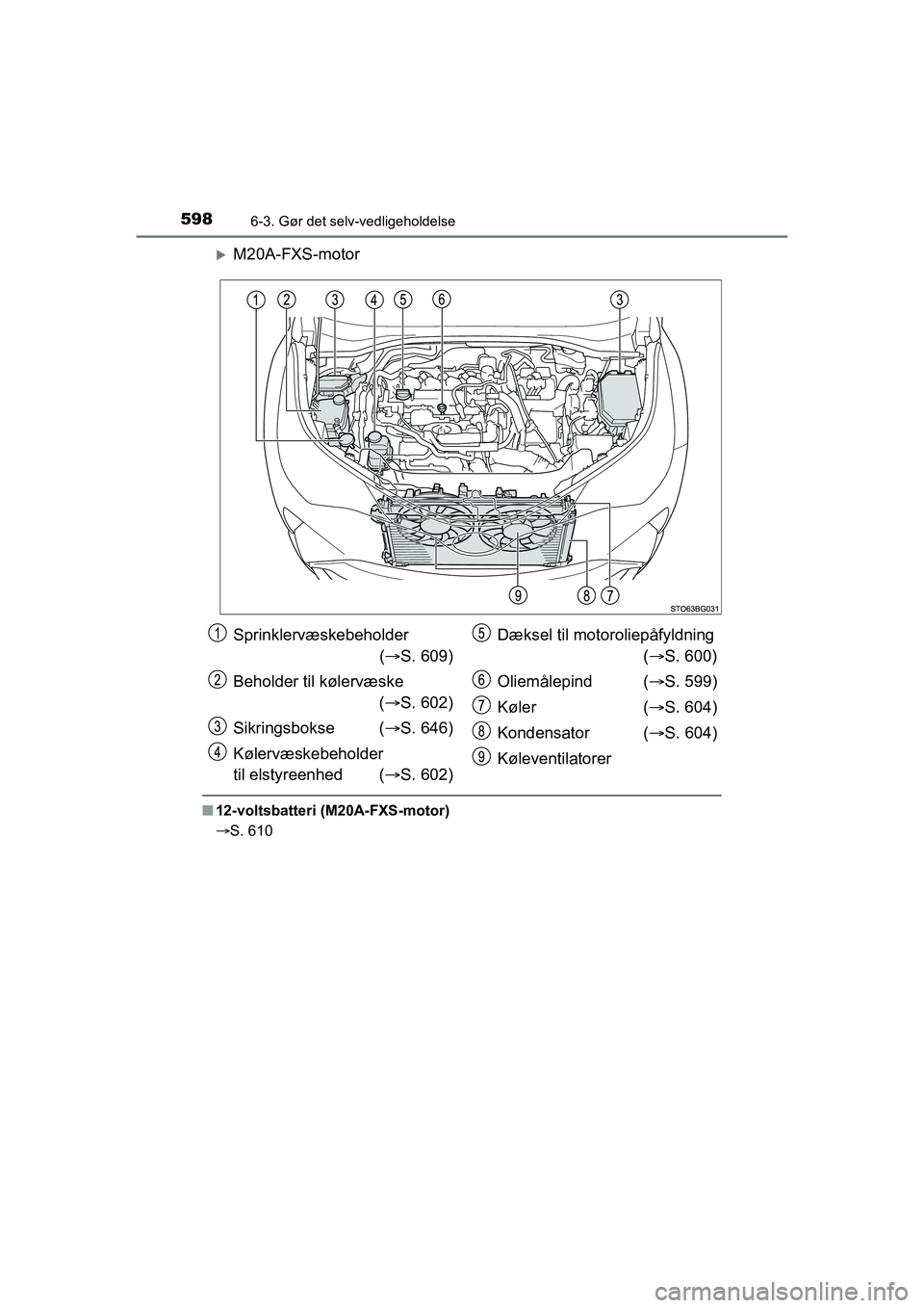 TOYOTA C-HR 2020  Brugsanvisning (in Danish) 5986-3. Gør det selv-vedligeholdelse
C-HR HV OM10701DK
M20A-FXS-motor
n12-voltsbatteri (M20A-FXS-motor)
S. 610
Sprinklervæskebeholder
 ( S. 609)
Beholder til kølervæske ( S. 602)
Sikri