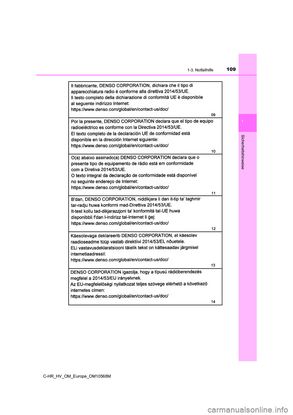 TOYOTA C-HR 2020  Betriebsanleitungen (in German) 1091-3. Notfallhilfe
1
Sicherheitshinweise
C-HR_HV_OM_Europe_OM10568M 