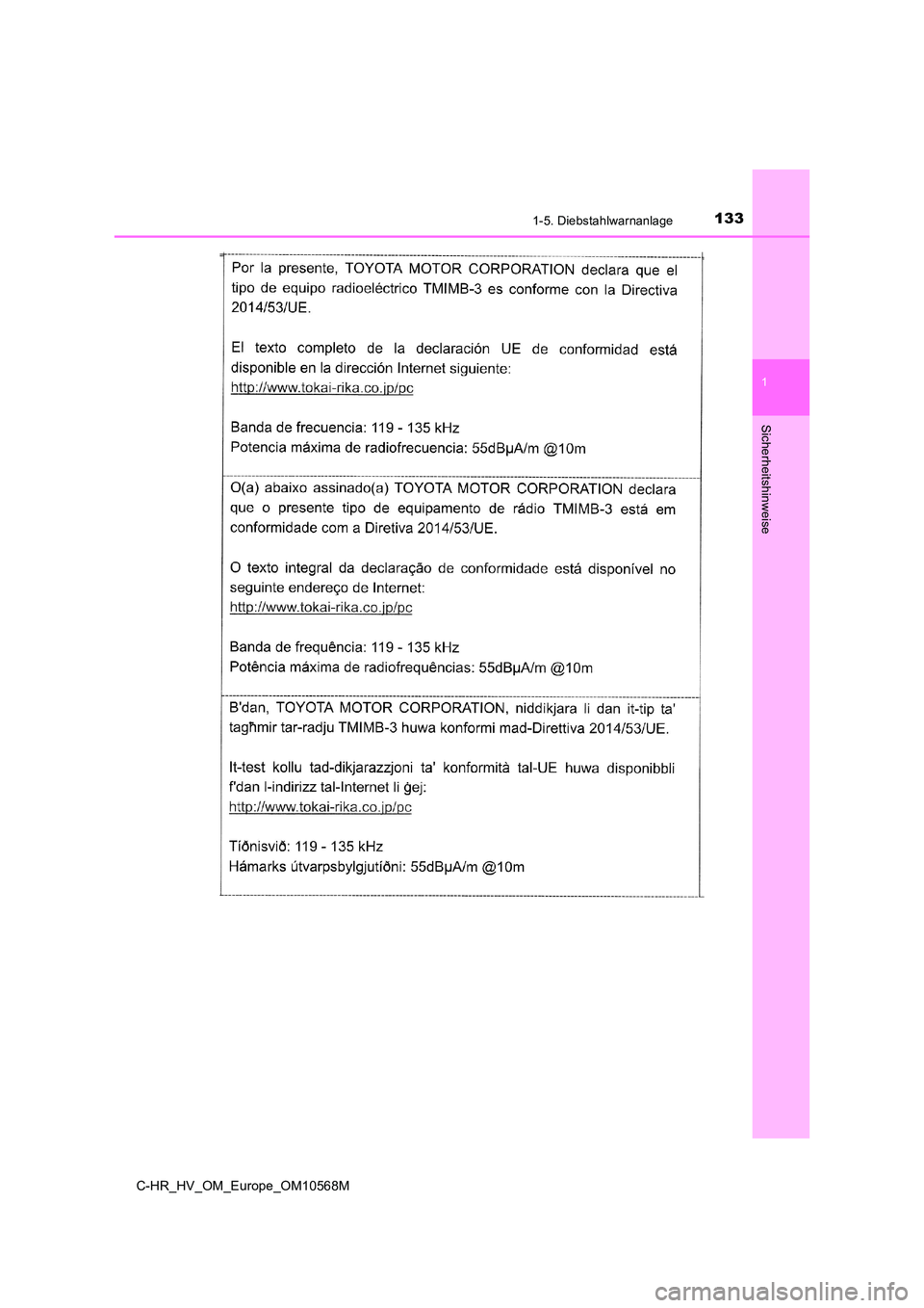 TOYOTA C-HR 2020  Betriebsanleitungen (in German) 1331-5. Diebstahlwarnanlage
1
Sicherheitshinweise
C-HR_HV_OM_Europe_OM10568M 