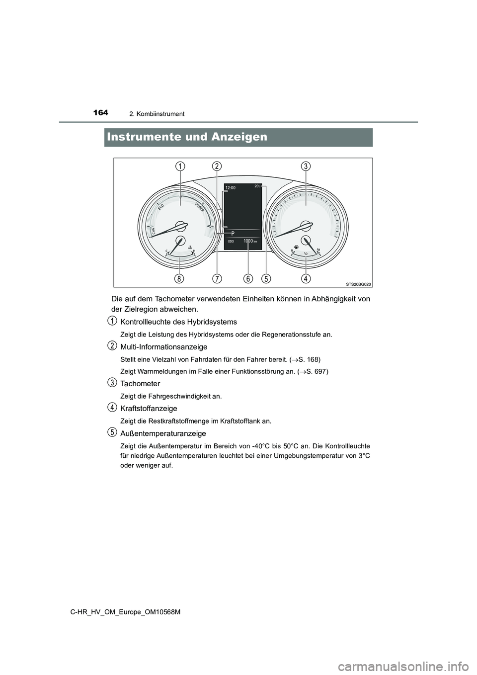 TOYOTA C-HR 2020  Betriebsanleitungen (in German) 1642. Kombiinstrument
C-HR_HV_OM_Europe_OM10568M
Instrumente und Anzeigen
Die auf dem Tachometer verwendeten Einheiten können in Abhängigkeit von 
der Zielregion abweichen. 
Kontrollleuchte des Hybr