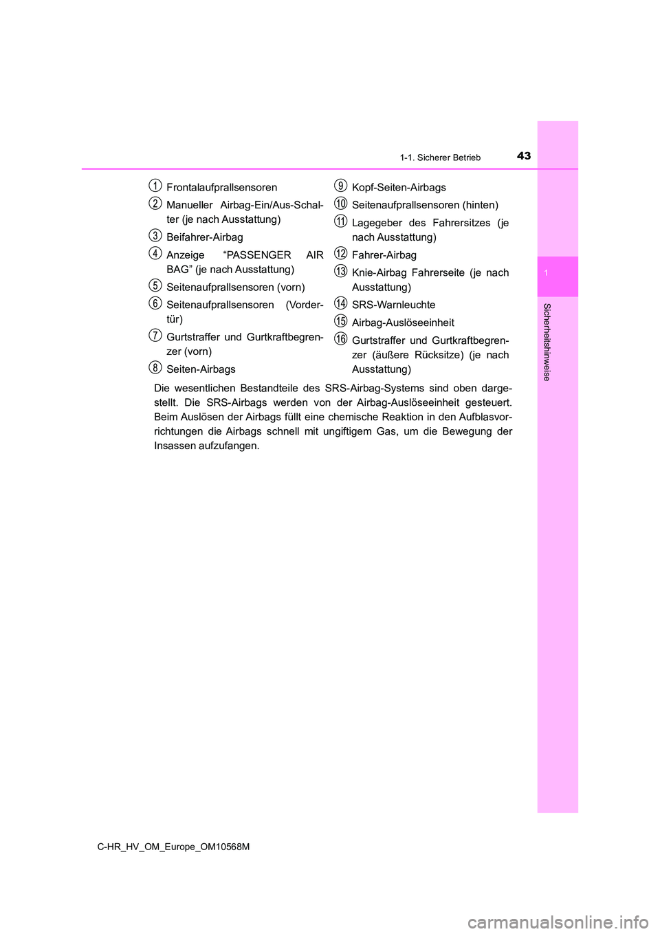 TOYOTA C-HR 2020  Betriebsanleitungen (in German) 431-1. Sicherer Betrieb
1
Sicherheitshinweise
C-HR_HV_OM_Europe_OM10568M
Die wesentlichen Bestandteile des SRS-Airbag-Systems sind oben darge- 
stellt. Die SRS-Airbags werden v on der Airbag-Auslösee