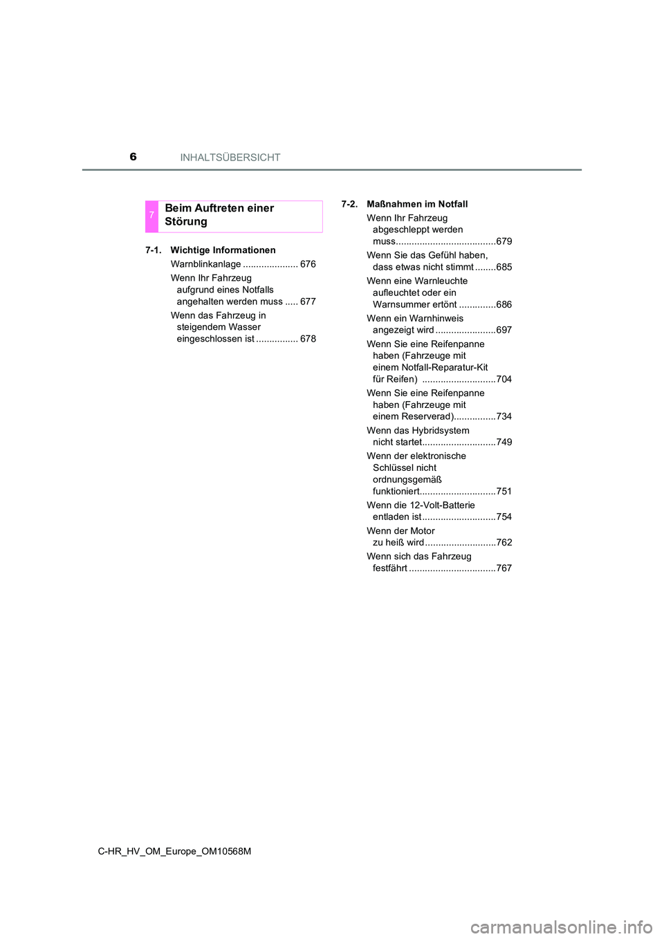 TOYOTA C-HR 2020 Betriebsanleitungen (in German) INHALTSÜBERSICHT6
C-HR_HV_OM_Europe_OM10568M
7-1. Wichtige Informationen
Warnblinkanlage ..................... 676
Wenn Ihr Fahrzeug
aufgrund eines Notfalls
angehalten werden muss ..... 677
W TOYOTA C-HR 2020 Betriebsanleitungen (in German) INHALTSÜBERSICHT6
C-HR_HV_OM_Europe_OM10568M
7-1. Wichtige Informationen
Warnblinkanlage ..................... 676
Wenn Ihr Fahrzeug
aufgrund eines Notfalls
angehalten werden muss ..... 677
W