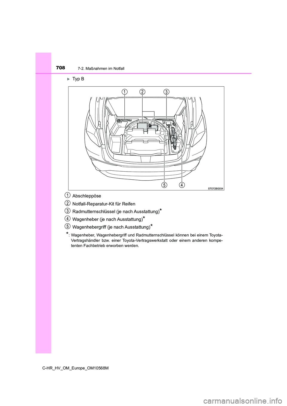 TOYOTA C-HR 2020  Betriebsanleitungen (in German) 7087-2. Maßnahmen im Notfall
C-HR_HV_OM_Europe_OM10568M
Ty p  B 
Abschleppöse 
Notfall-Reparatur-Kit für Reifen 
Radmutternschlüssel (je nach Ausstattung)*
Wagenheber (je nach Ausstattung)*
Wag